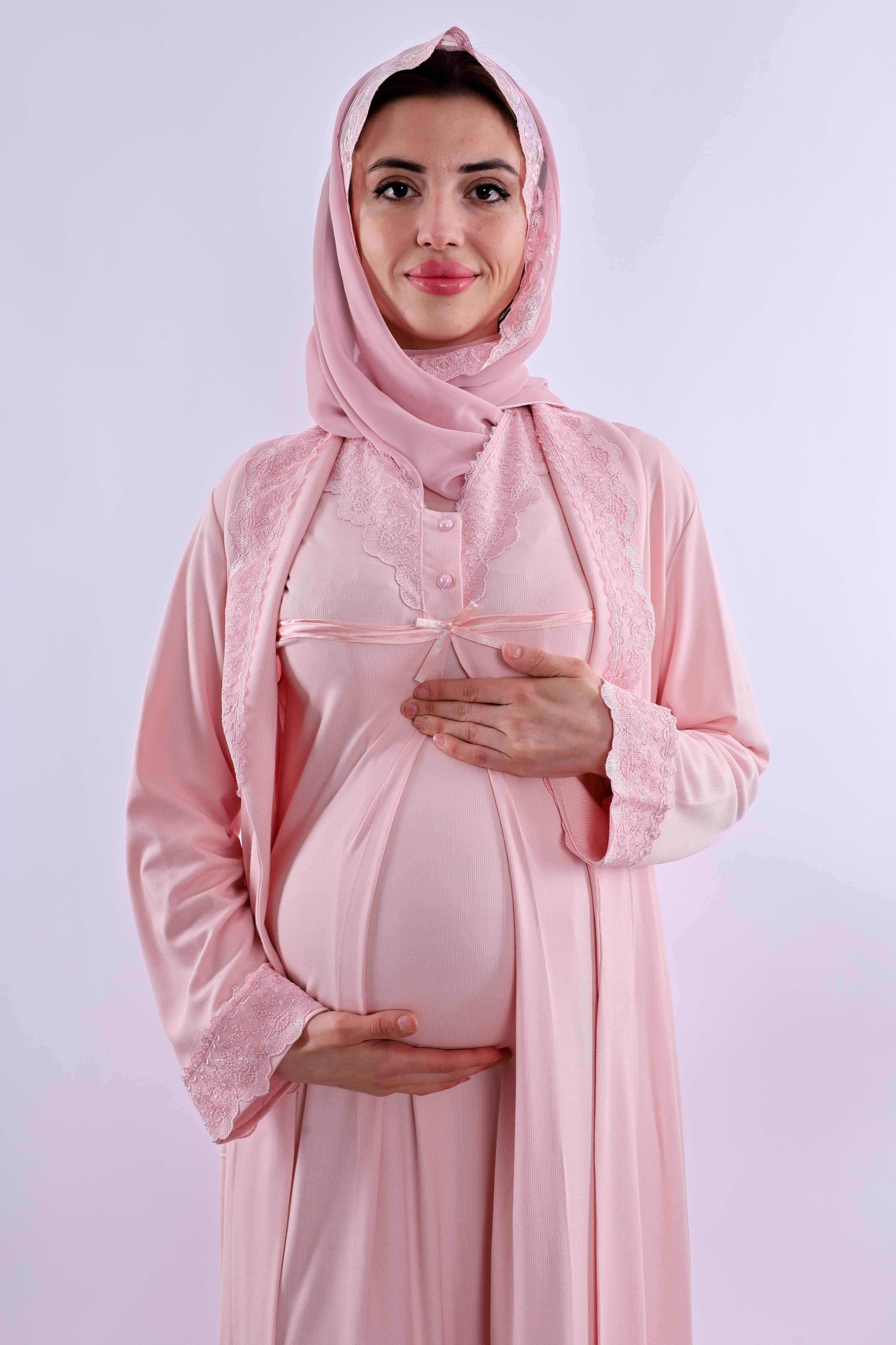 Effortt Pembe Tesettürlü Sabahlıklı Hamile Lohusa Gecelik Takım BYL2T40352