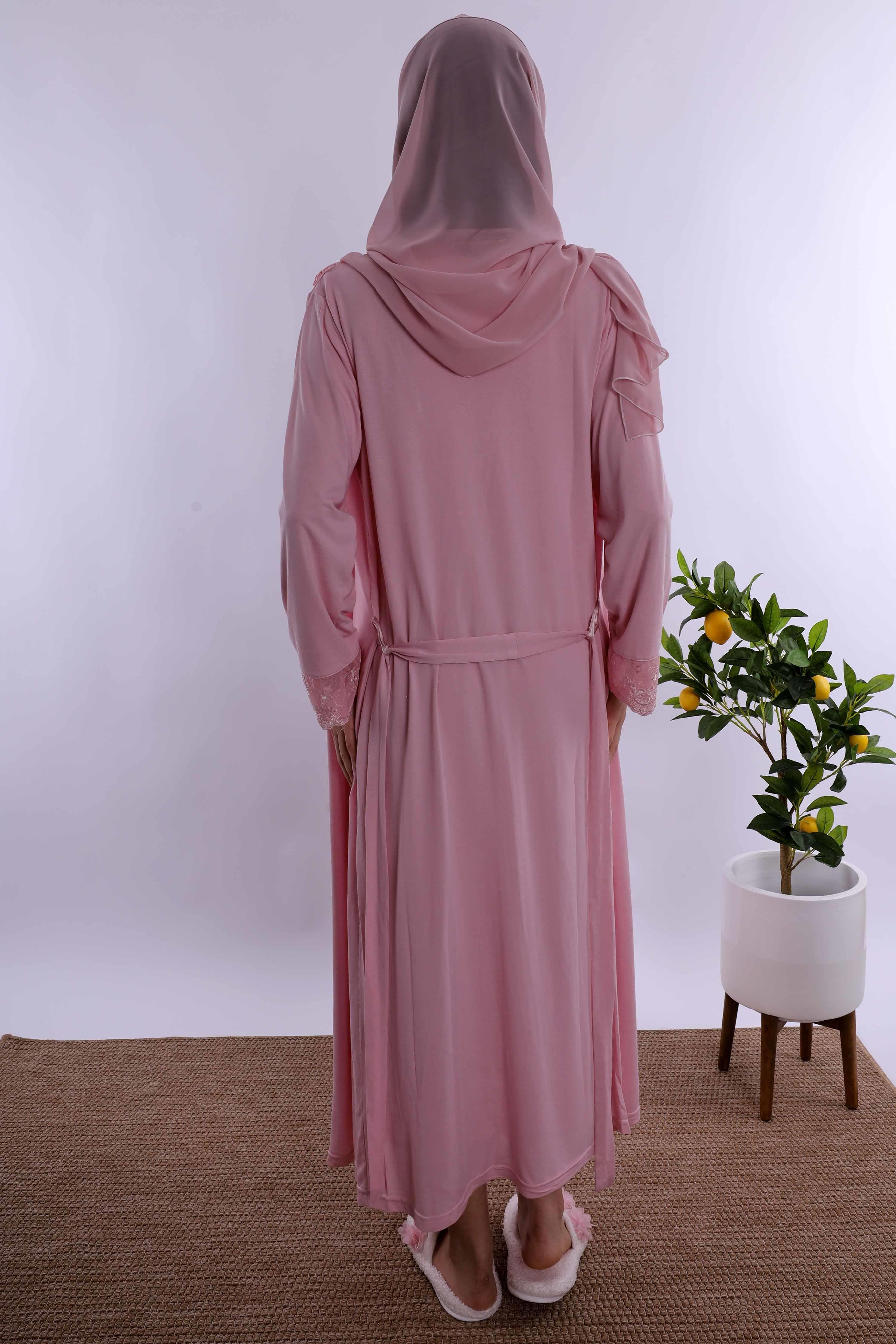Effortt Pembe Tesettürlü Sabahlıklı Hamile Lohusa Gecelik Takım BYL2T24022