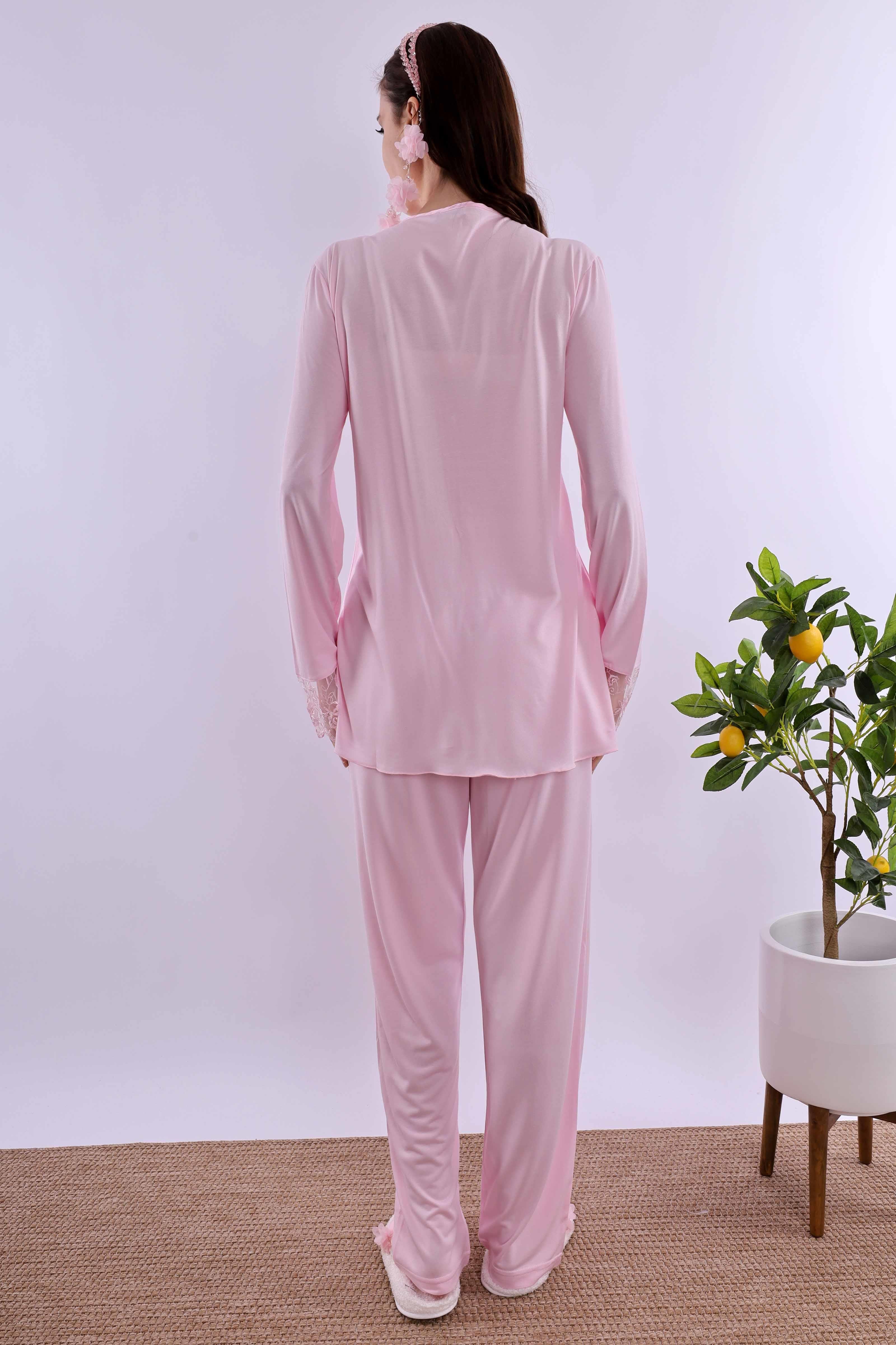 Effortt Pembe Tesettürlü Sabahlıklı Hamile Lohusa Pijama Takımı BYL2T24242