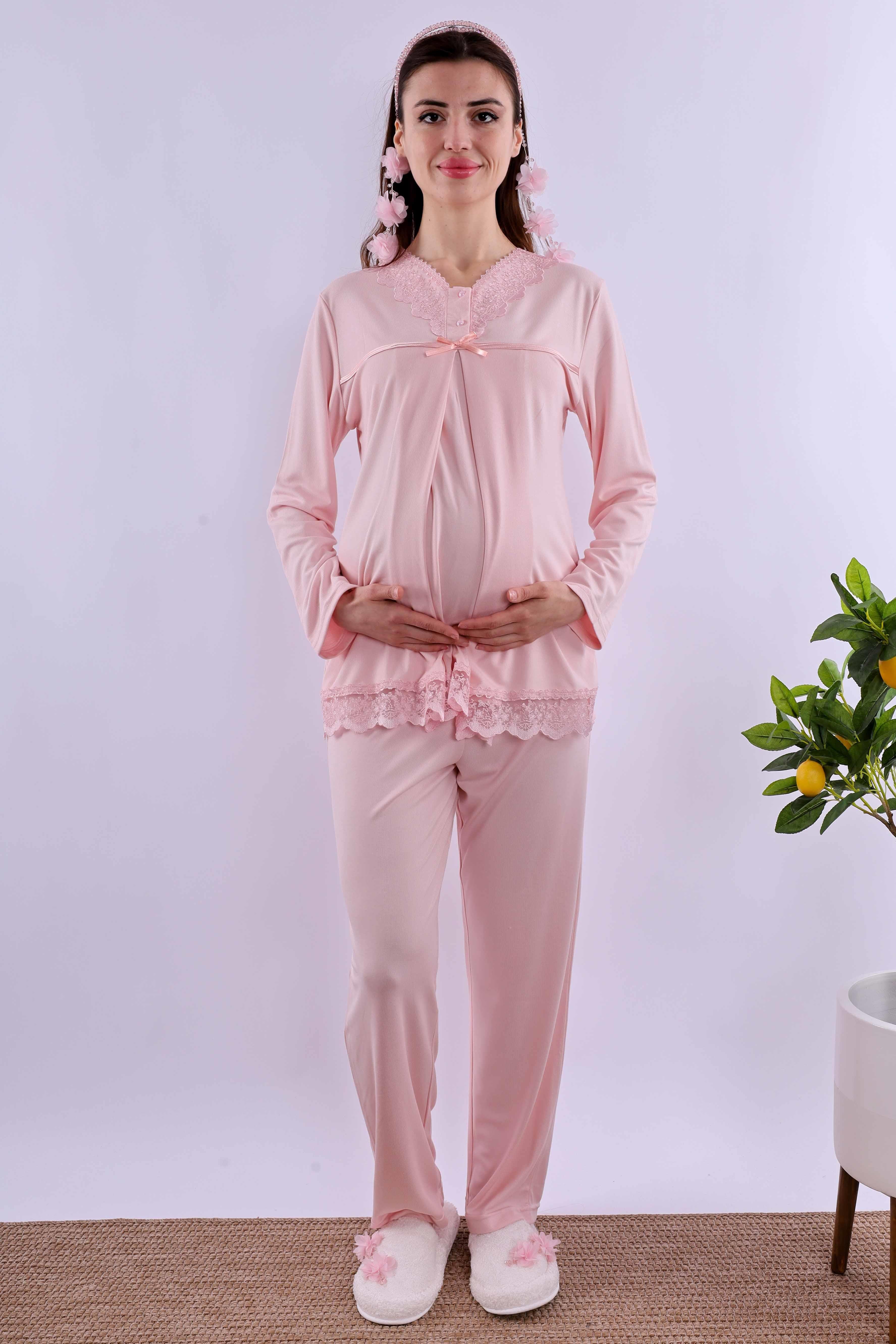 Effortt Pembe Tesettürlü Sabahlıklı Hamile Lohusa Pijama Takımı BYL2T40342