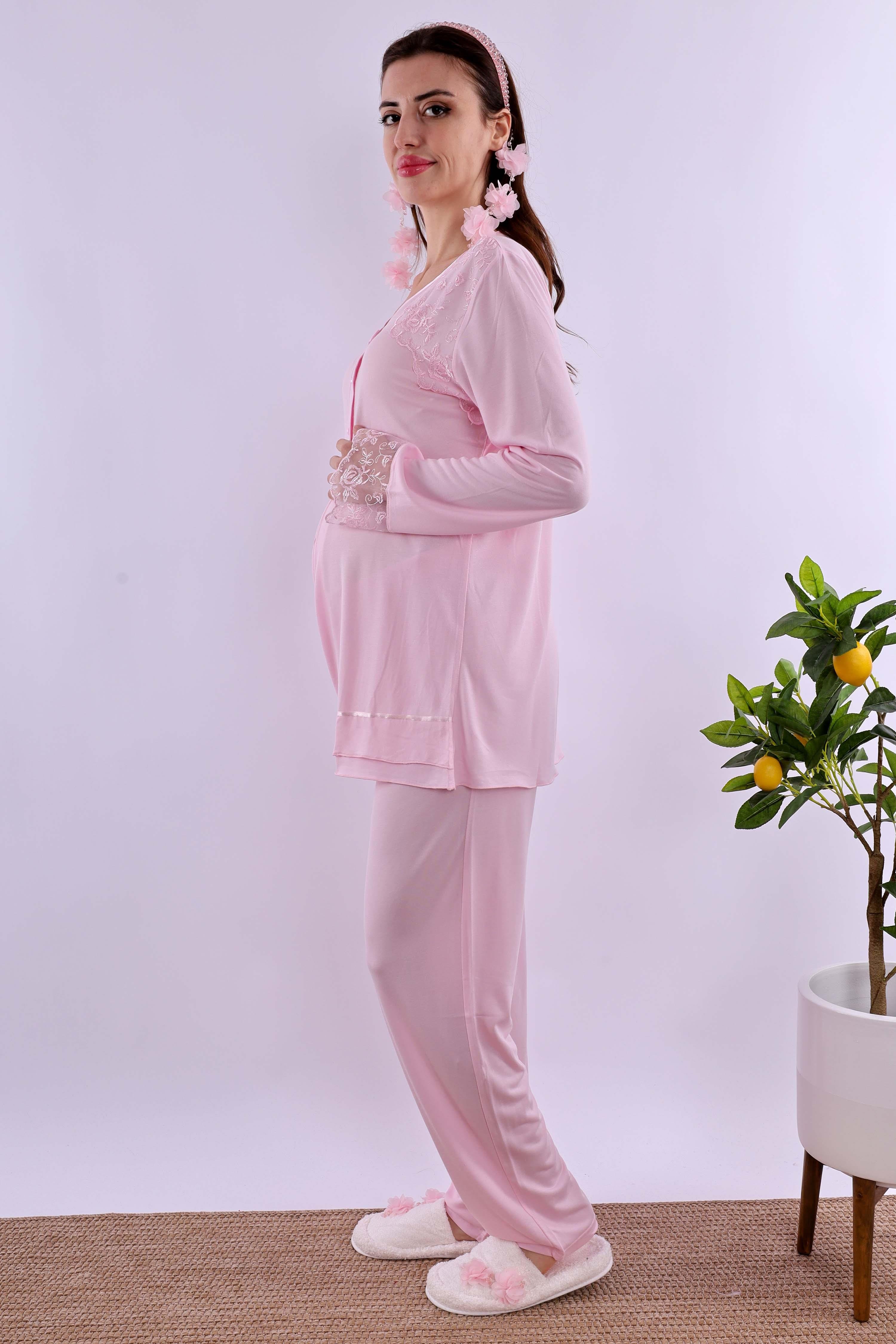 Effortt Pembe Tesettürlü Sabahlıklı Hamile Lohusa Pijama Takımı BYL2T24242