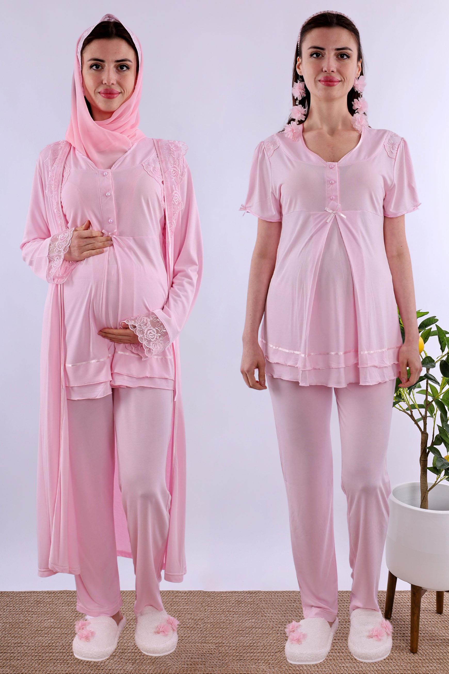 Effortt Pembe Tesettürlü Sabahlıklı Hamile Lohusa Pijama Takımı BYL2T80242