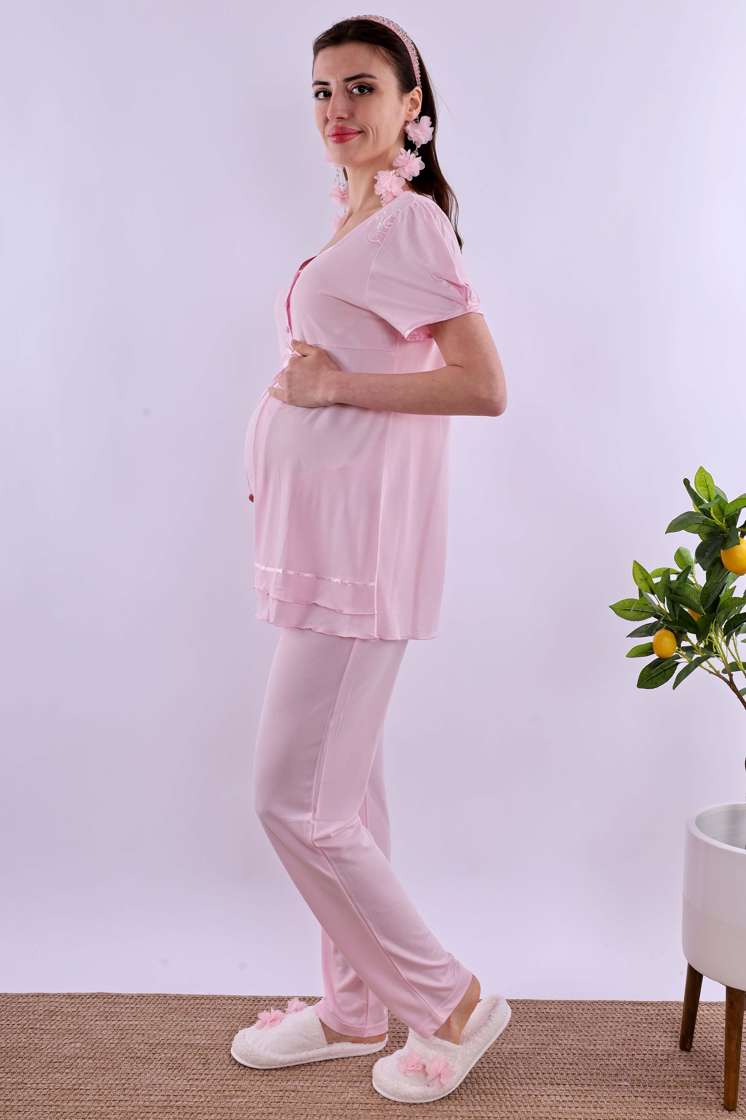 Effortt Pembe Tesettürlü Sabahlıklı Hamile Lohusa Pijama Takımı BYL2T80242