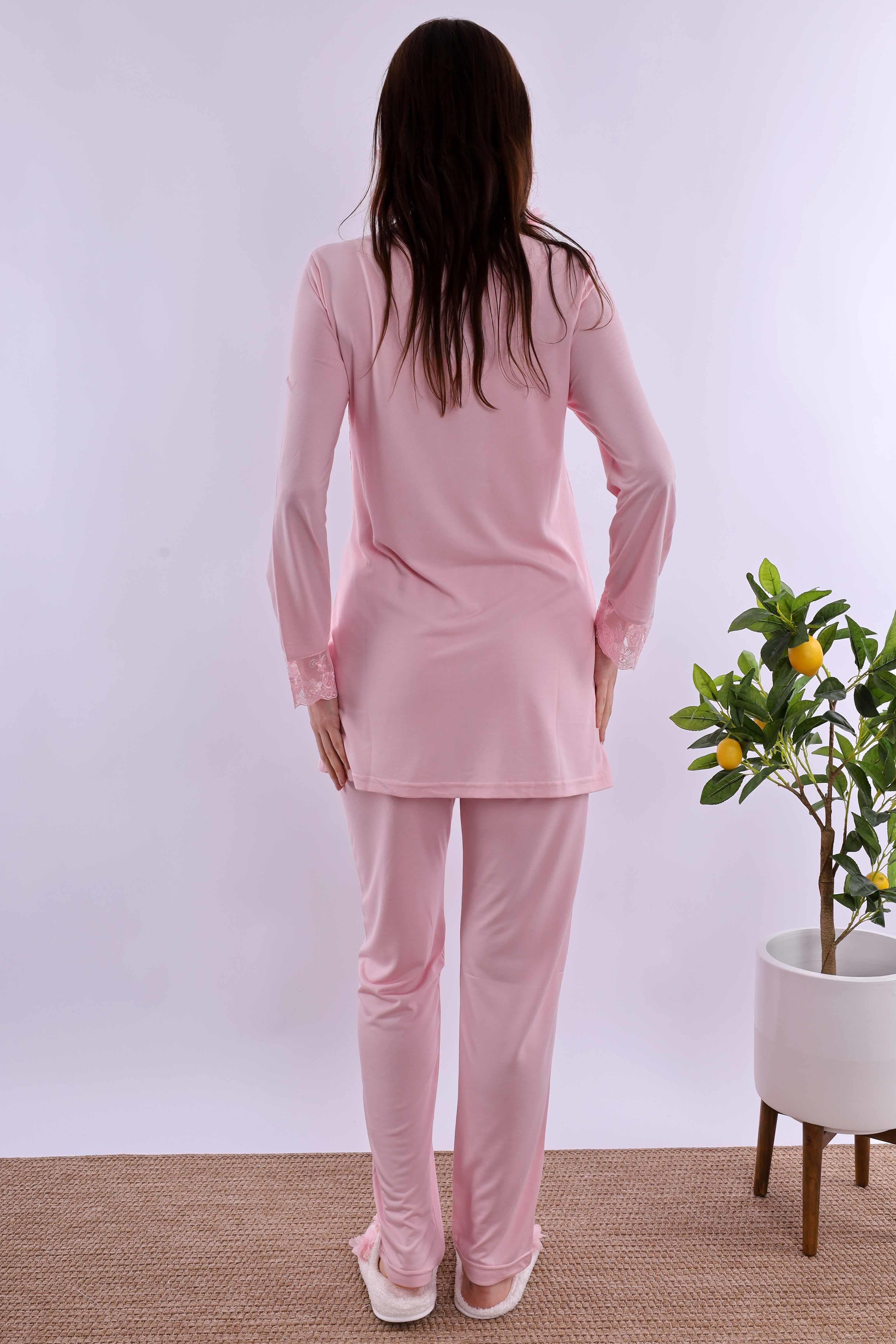 Effortt Pembe Tesettürlü Uzun Sabahlıklı Hamile Lohusa Pijama Takımı BYL2T24072