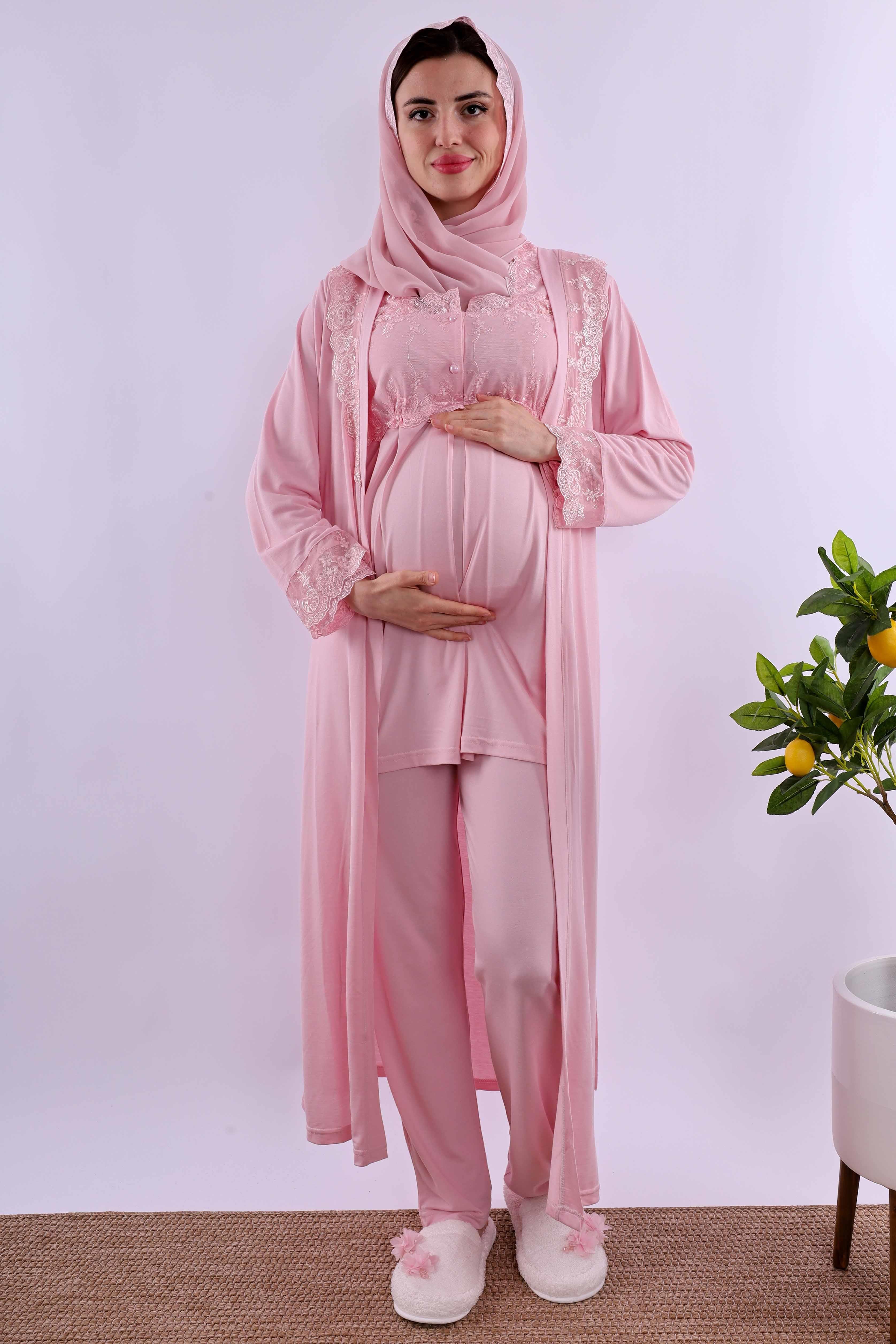 Effortt Pembe Tesettürlü Uzun Sabahlıklı Hamile Lohusa Pijama Takımı BYL2T24072