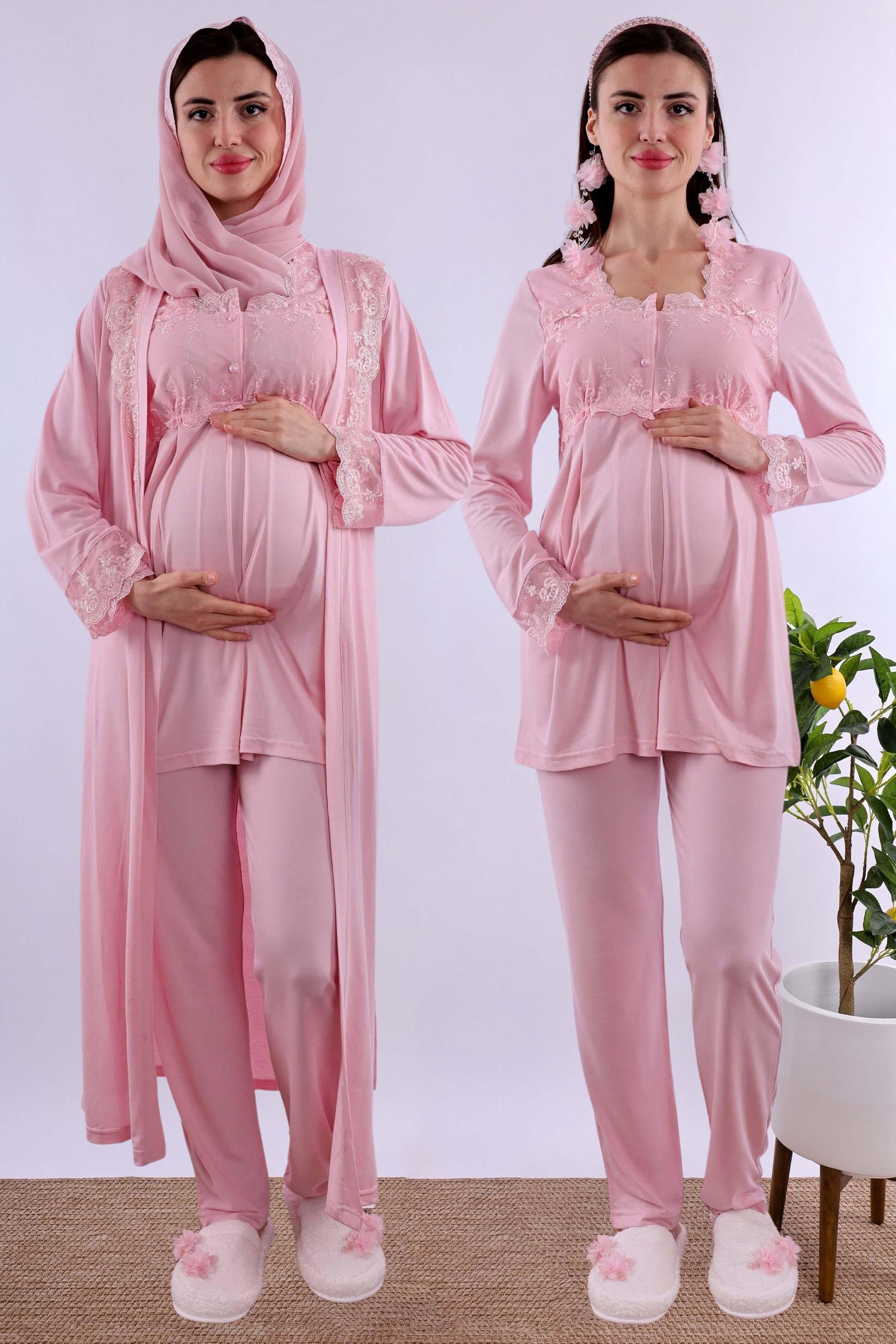 Effortt Pembe Tesettürlü Uzun Sabahlıklı Hamile Lohusa Pijama Takımı BYL2T24072