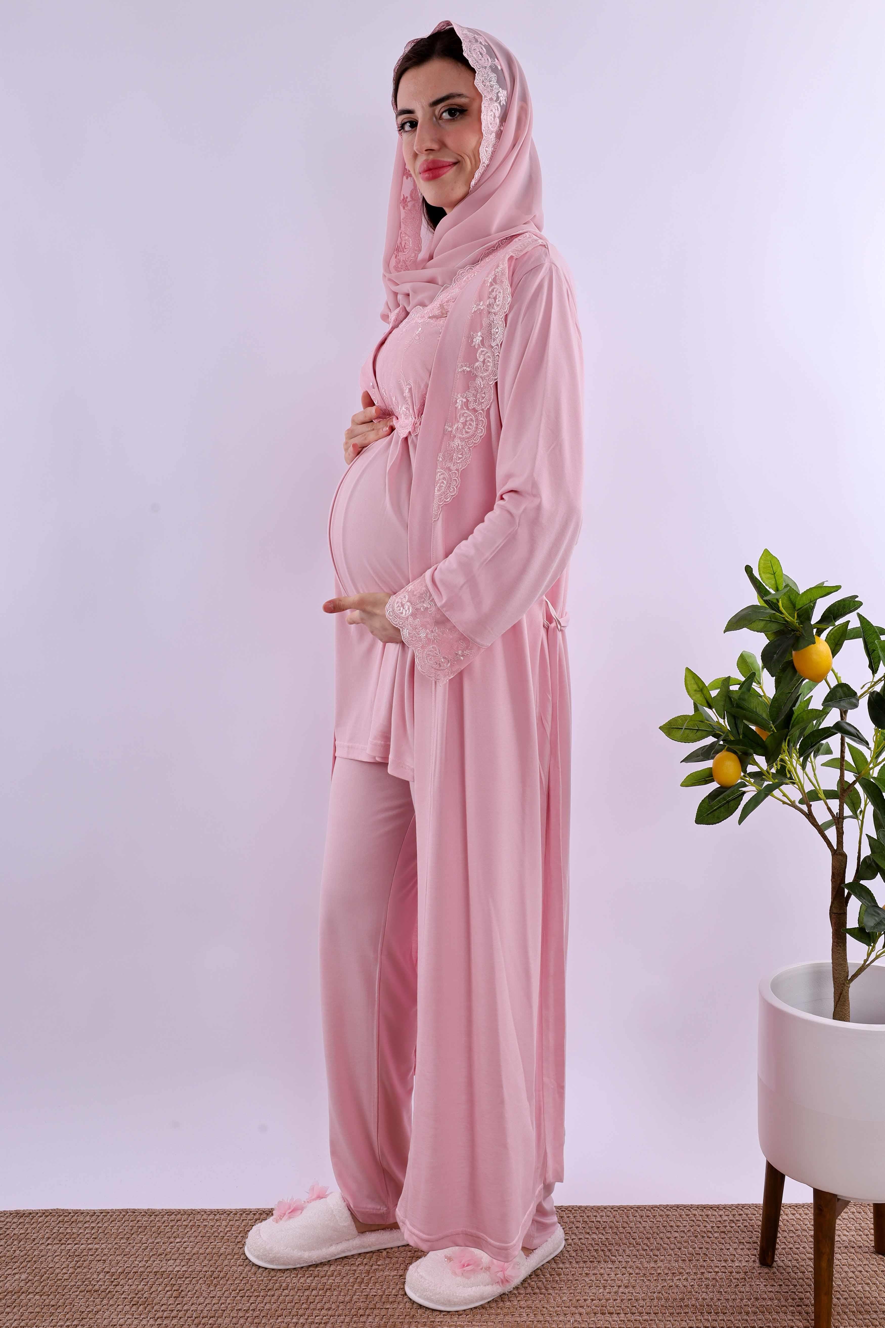 Effortt Pembe Tesettürlü Uzun Sabahlıklı Hamile Lohusa Pijama Takımı BYL2T24072