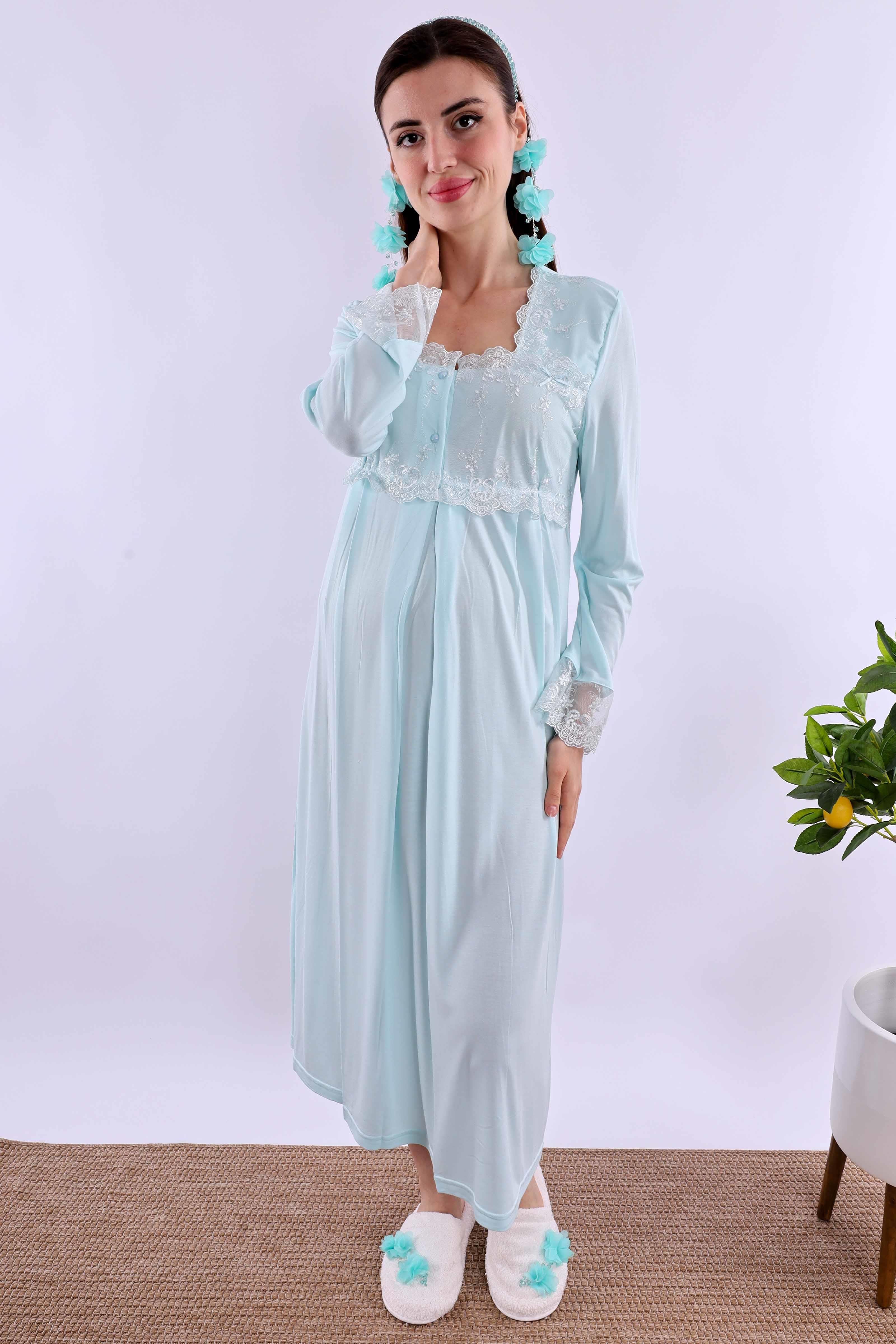 Effortt Turkuaz Tesettürlü Sabahlıklı Hamile Lohusa Gecelik Takım BYL2T24022