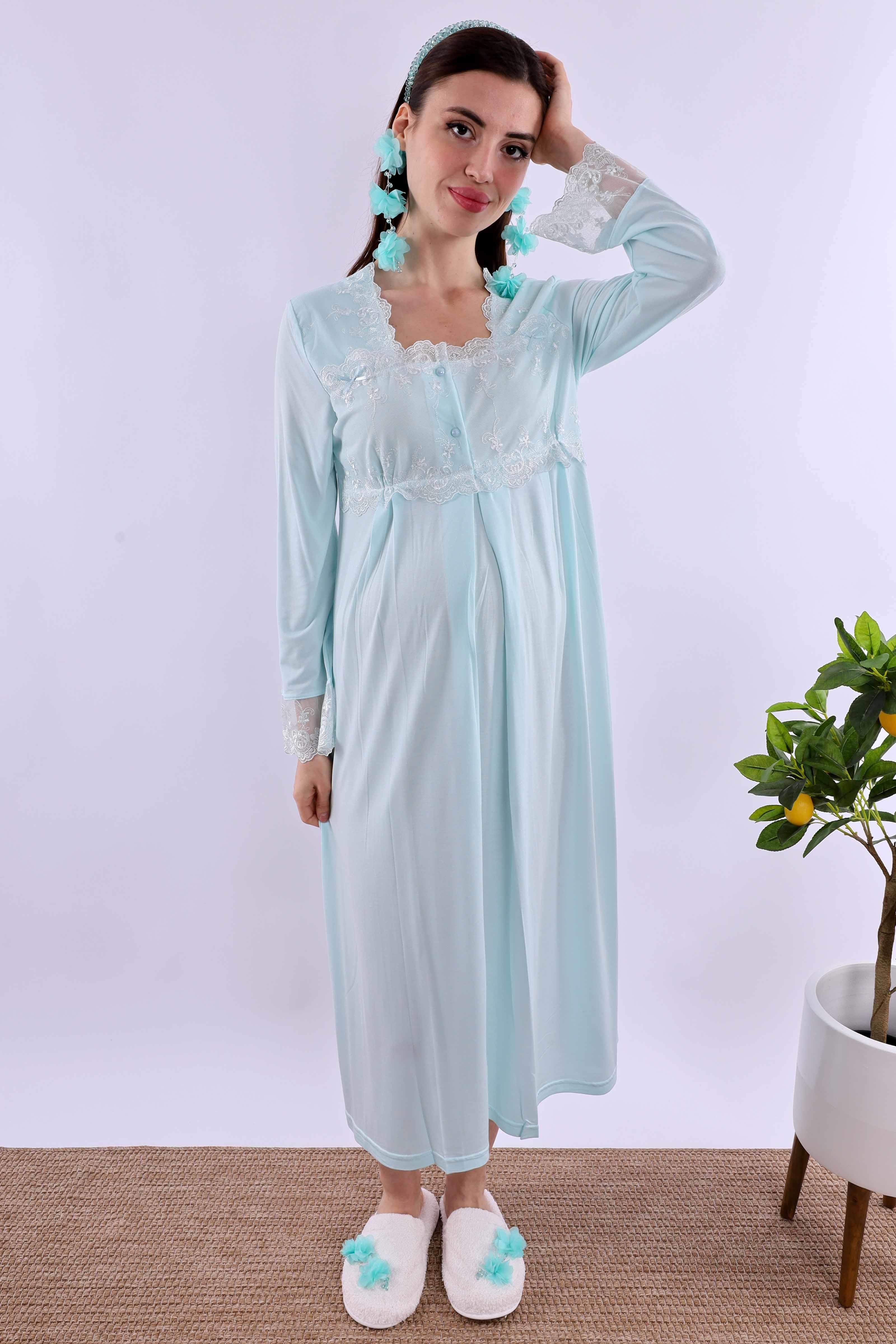 Effortt Turkuaz Tesettürlü Sabahlıklı Hamile Lohusa Gecelik Takım BYL2T24022