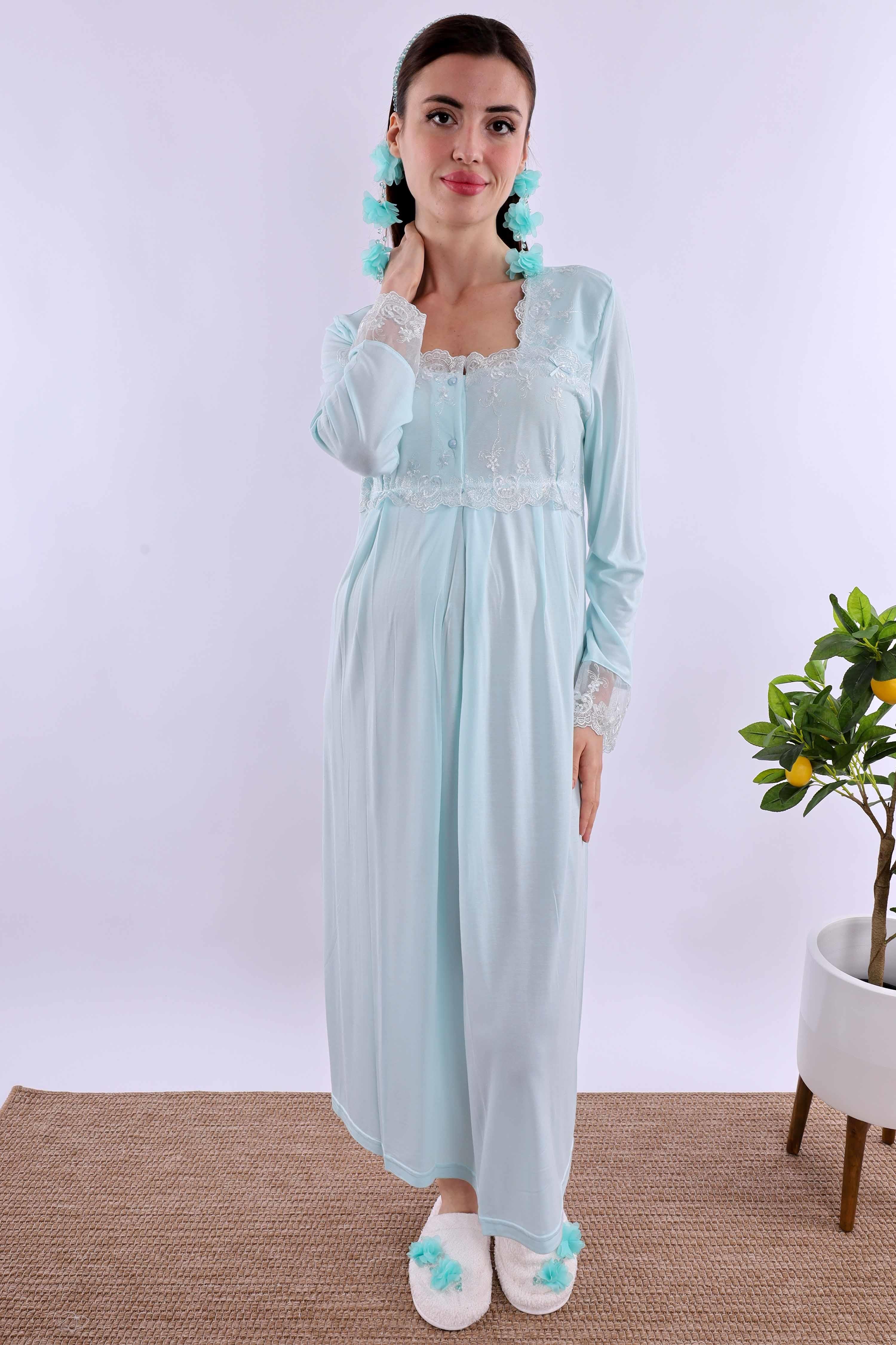 Effortt Turkuaz Tesettürlü Sabahlıklı Hamile Lohusa Gecelik Takım BYL2T24022