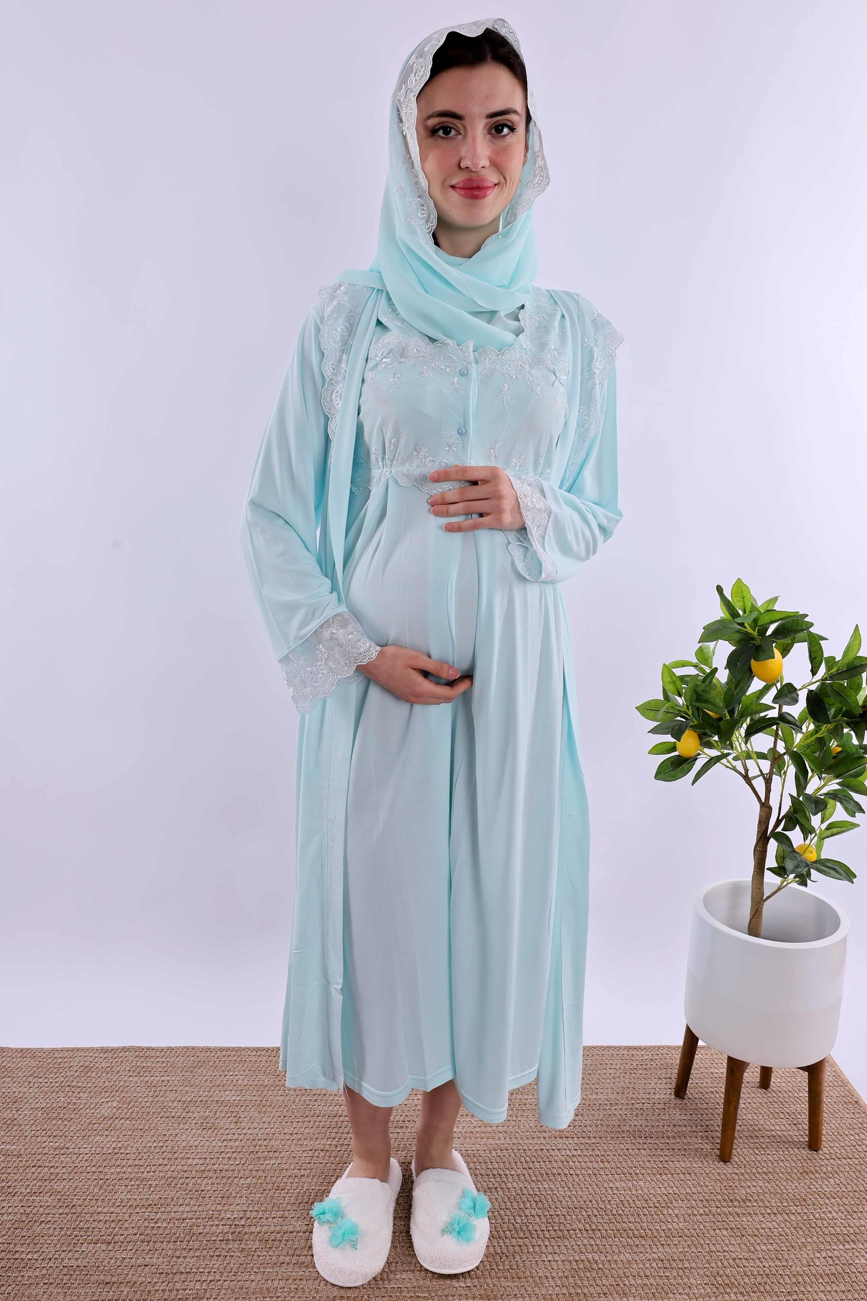 Effortt Turkuaz Tesettürlü Sabahlıklı Hamile Lohusa Gecelik Takım BYL2T24022
