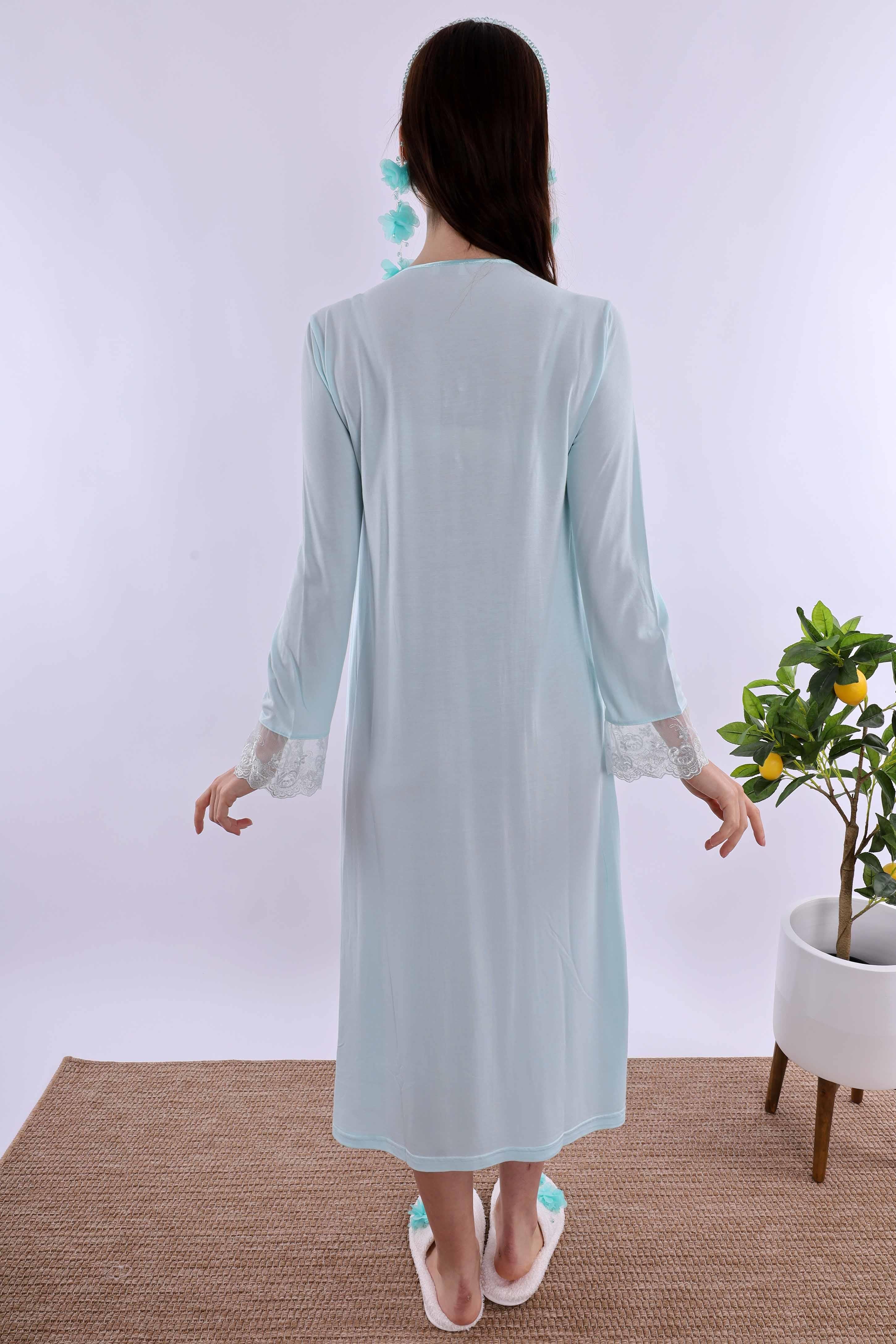 Effortt Turkuaz Tesettürlü Sabahlıklı Hamile Lohusa Gecelik Takım BYL2T24022