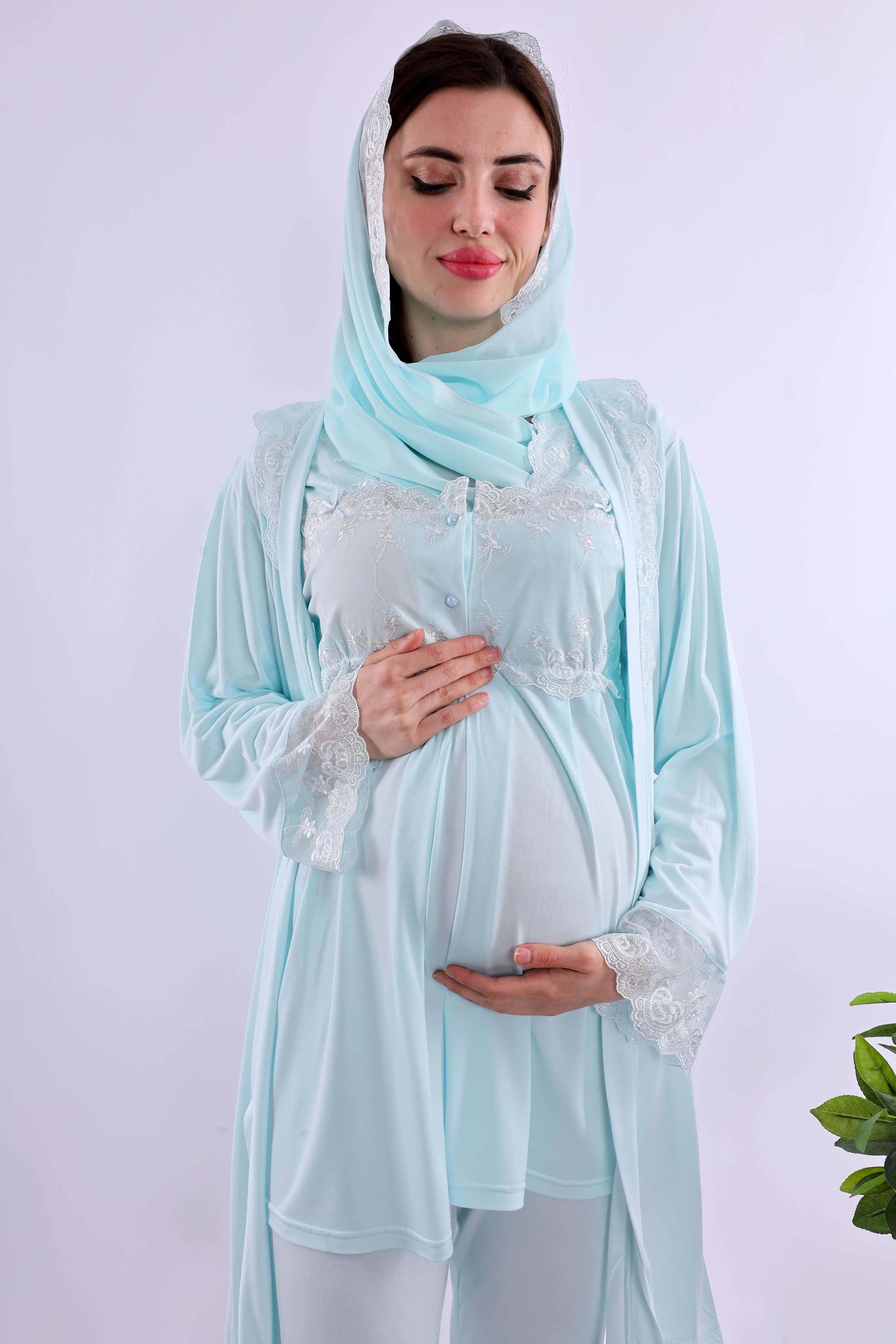 Effortt Turkuaz Tesettürlü Sabahlıklı Hamile Lohusa Pijama Takımı BYL2T24012