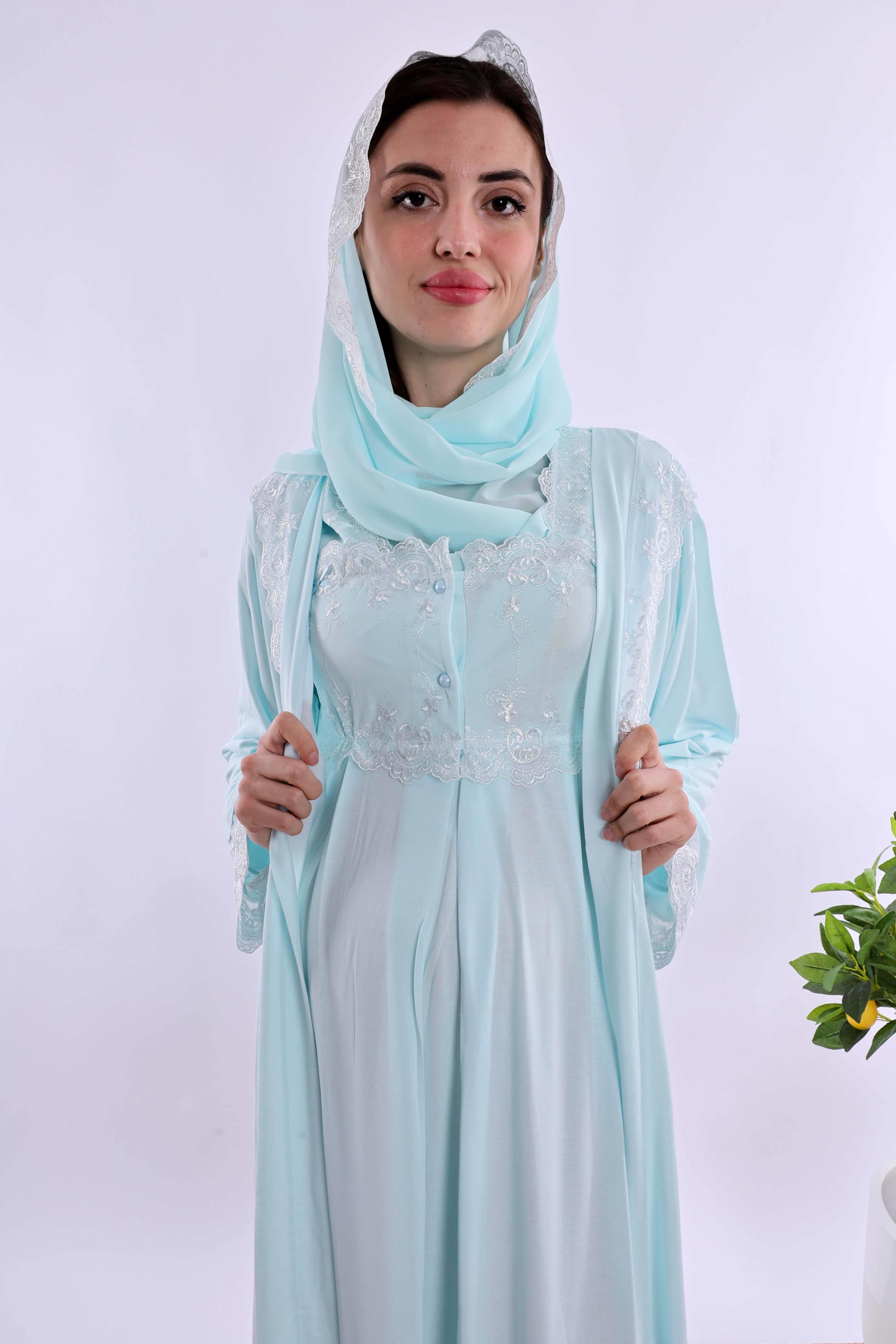 Effortt Turkuaz Tesettürlü Sabahlıklı Hamile Lohusa Gecelik Takım BYL2T24022