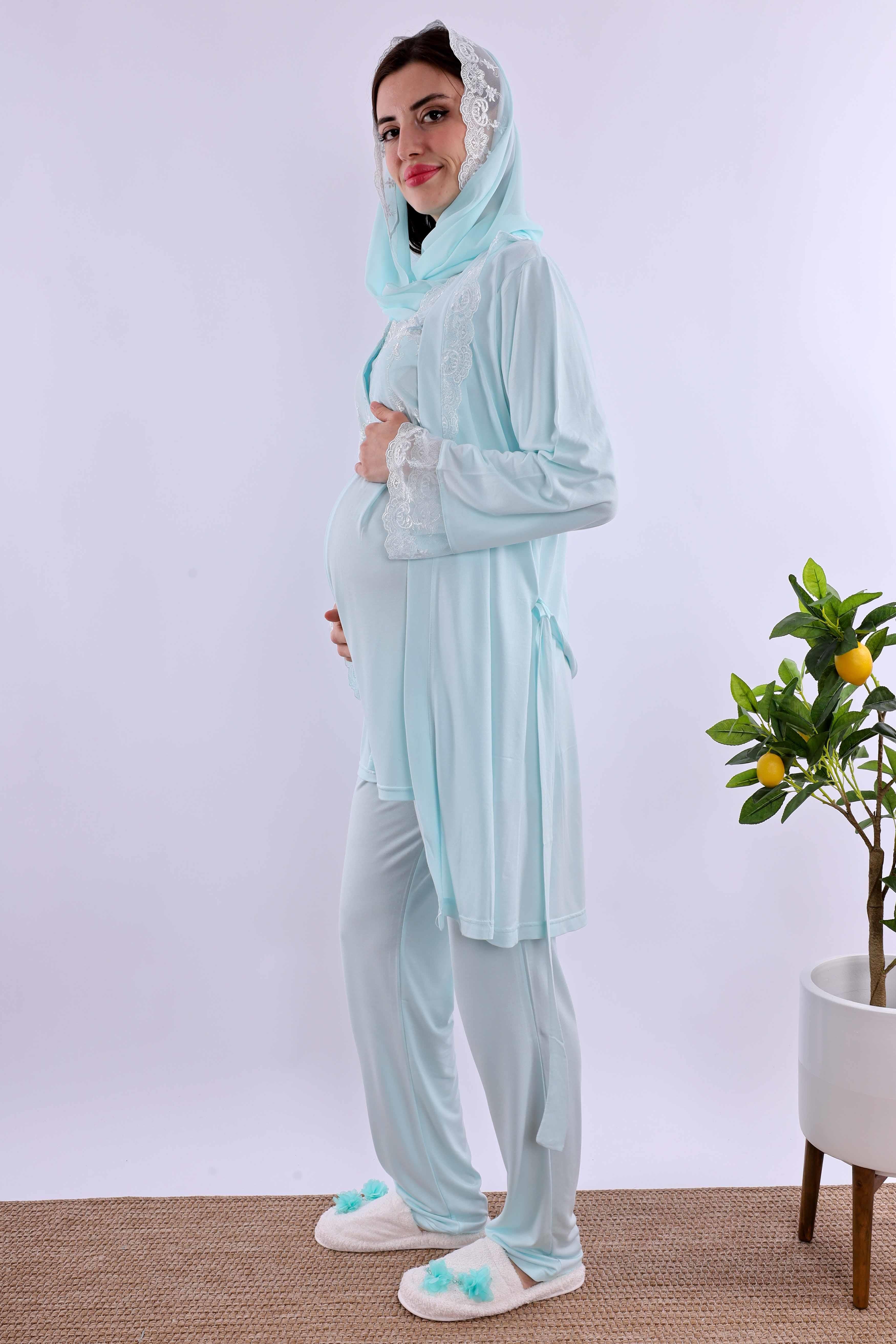 Effortt Turkuaz Tesettürlü Sabahlıklı Hamile Lohusa Pijama Takımı BYL2T24012