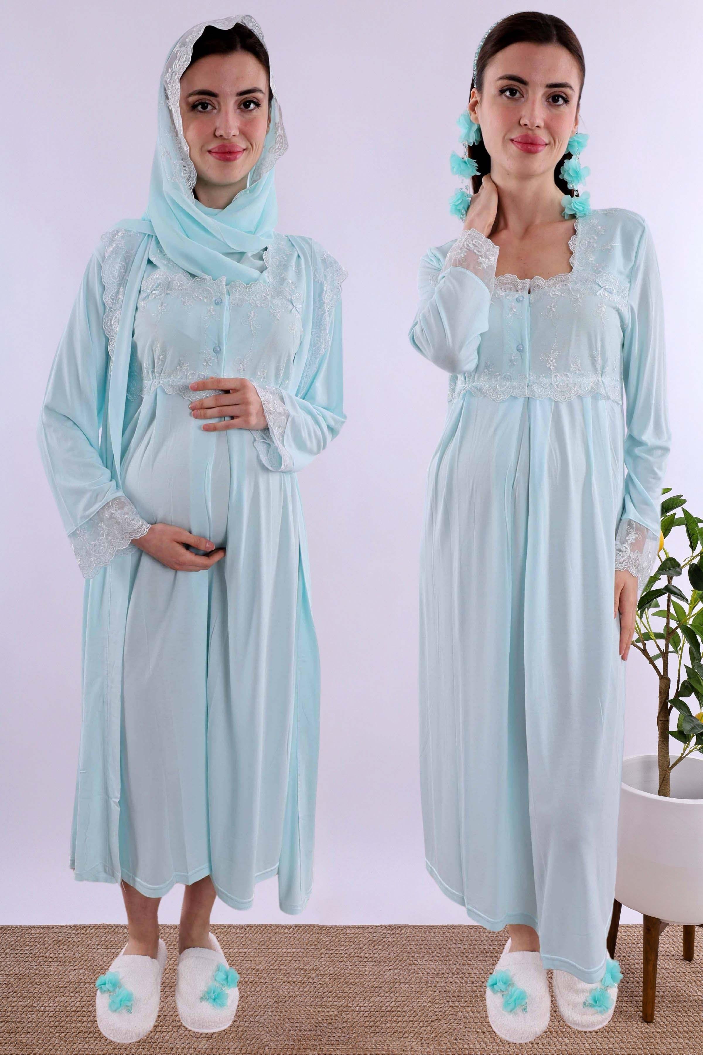 Effortt Turkuaz Tesettürlü Sabahlıklı Hamile Lohusa Gecelik Takım BYL2T24022