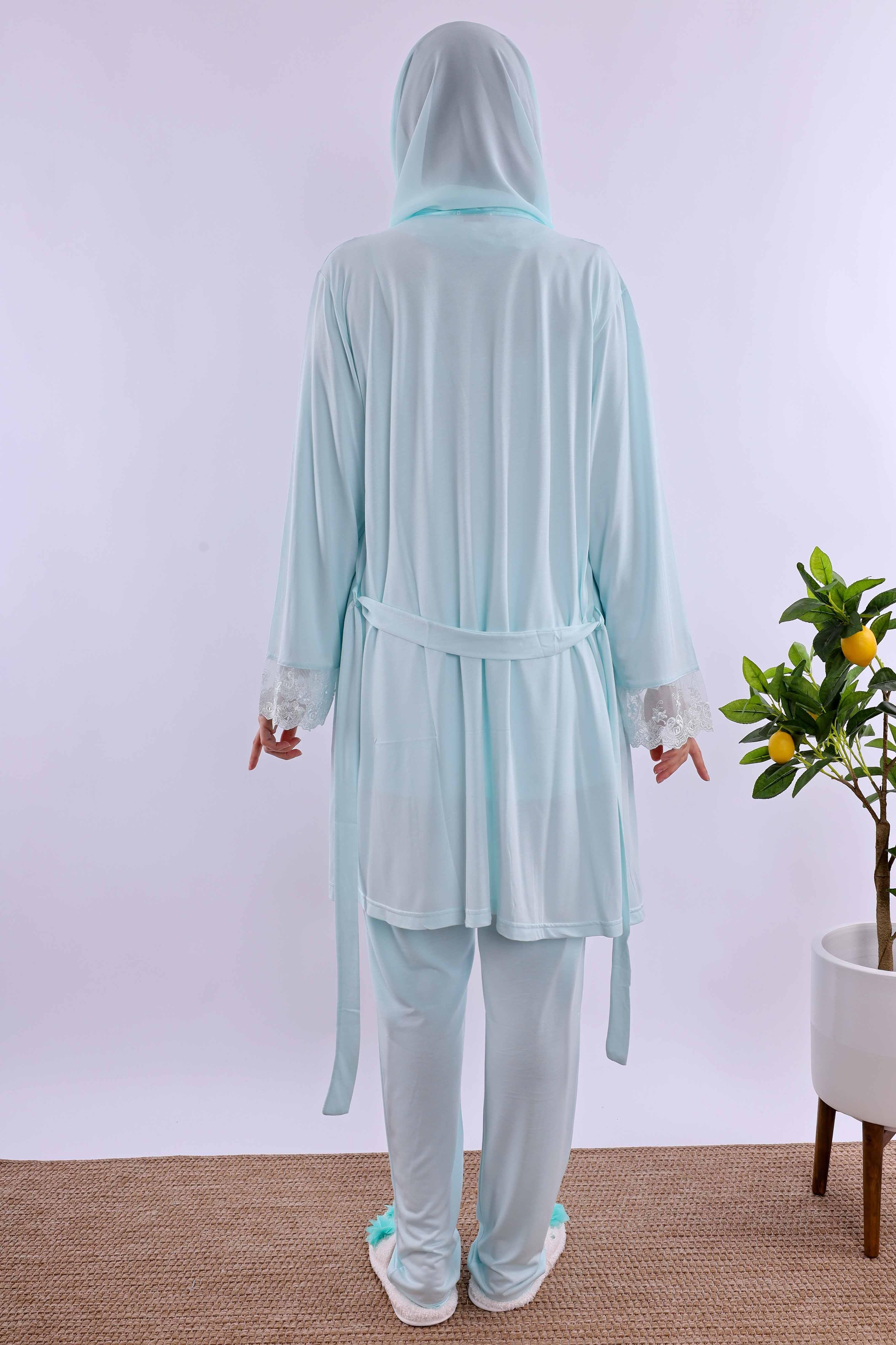 Effortt Turkuaz Tesettürlü Sabahlıklı Hamile Lohusa Pijama Takımı BYL2T24012