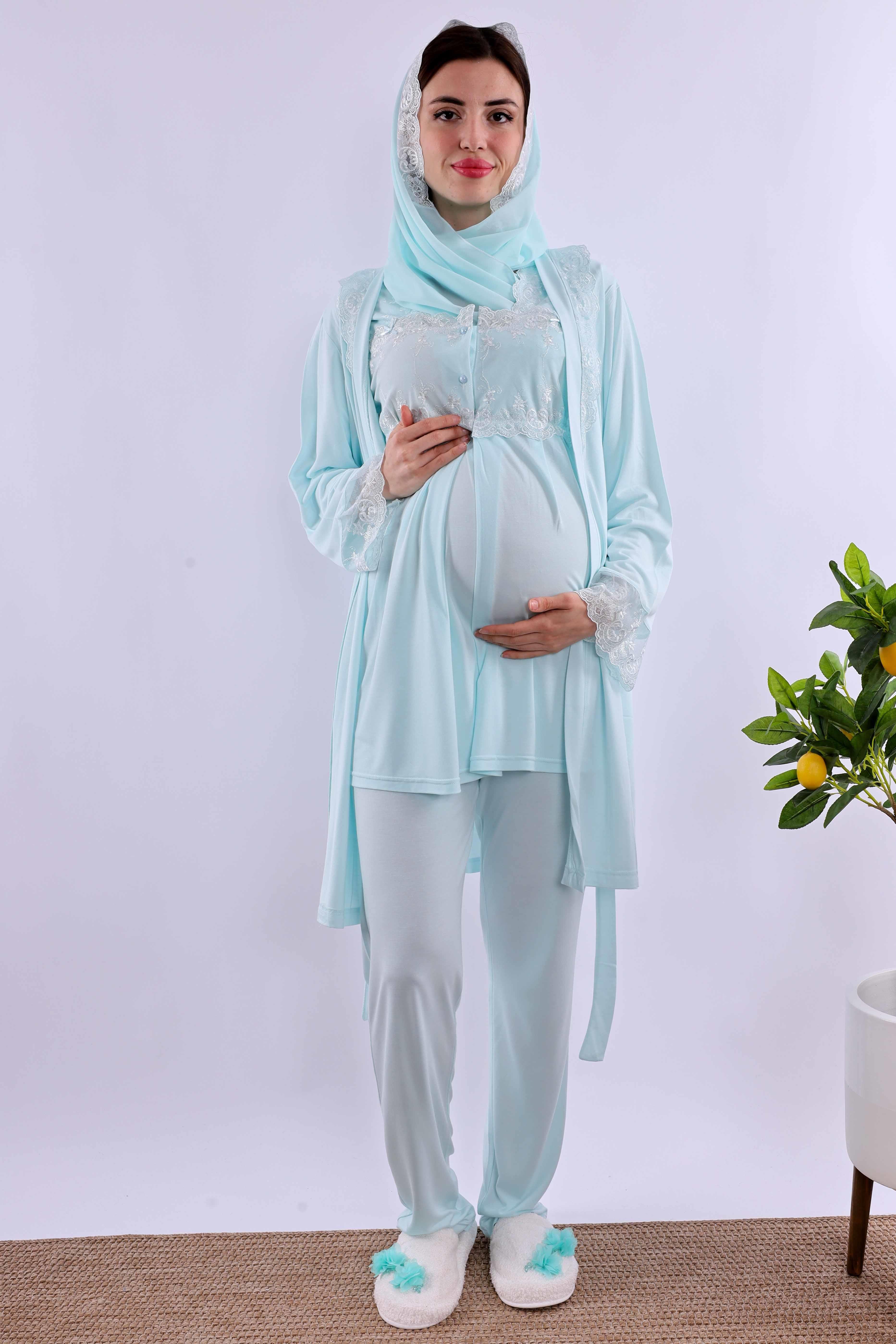 Effortt Turkuaz Tesettürlü Sabahlıklı Hamile Lohusa Pijama Takımı BYL2T24012