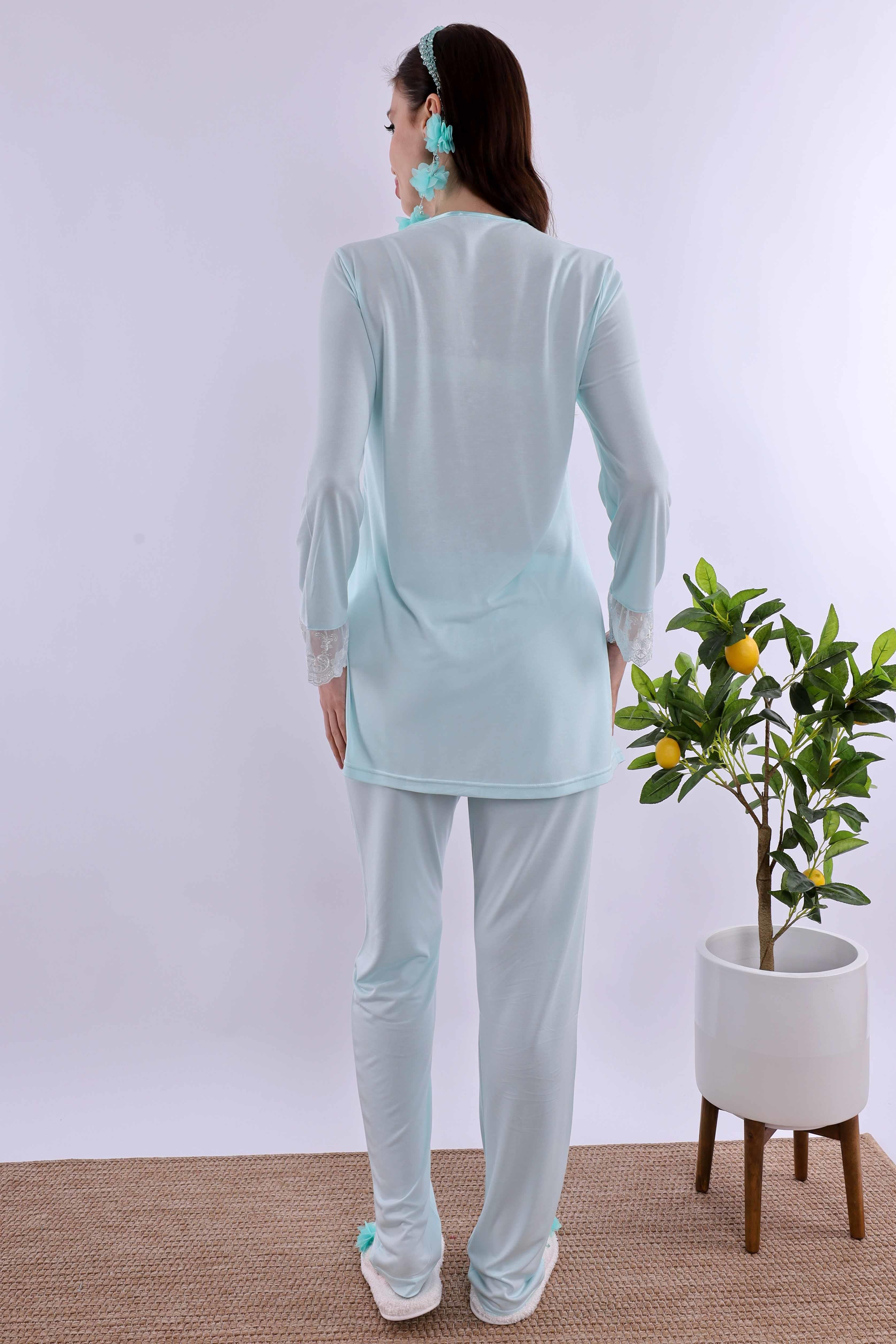 Effortt Turkuaz Tesettürlü Uzun Sabahlıklı Hamile Lohusa Pijama Takımı BYL2T24072