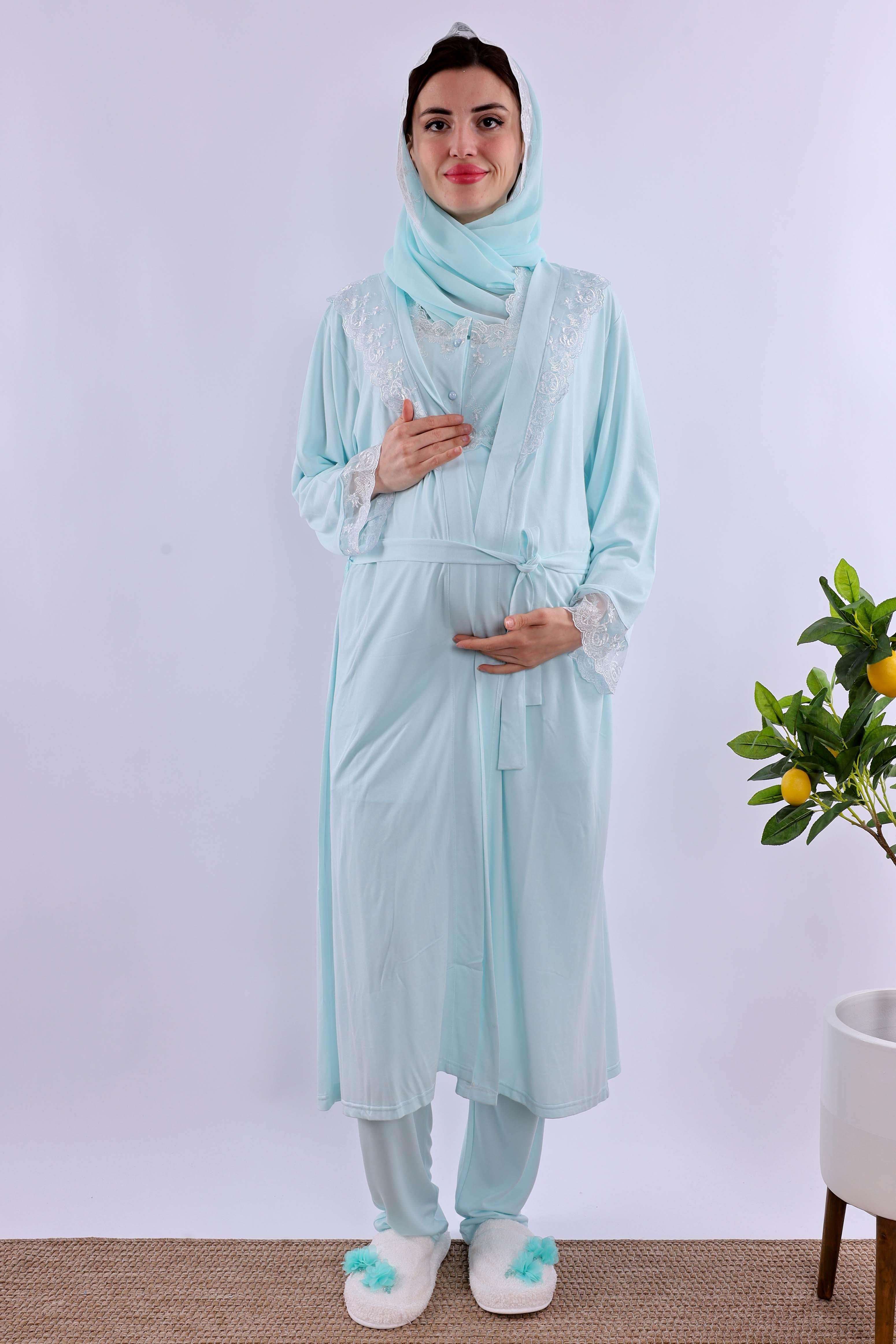 Effortt Turkuaz Tesettürlü Uzun Sabahlıklı Hamile Lohusa Pijama Takımı BYL2T24072