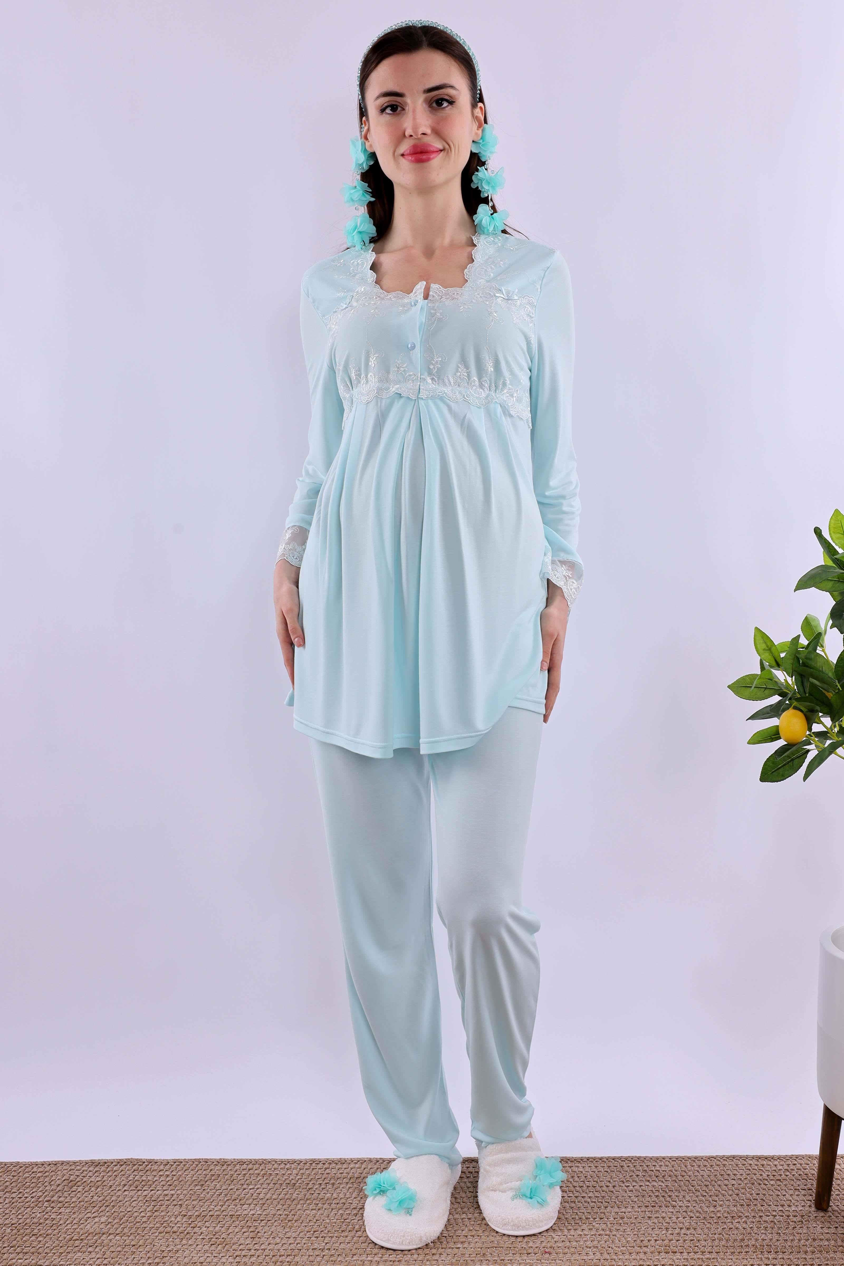 Effortt Turkuaz Tesettürlü Uzun Sabahlıklı Hamile Lohusa Pijama Takımı BYL2T24072