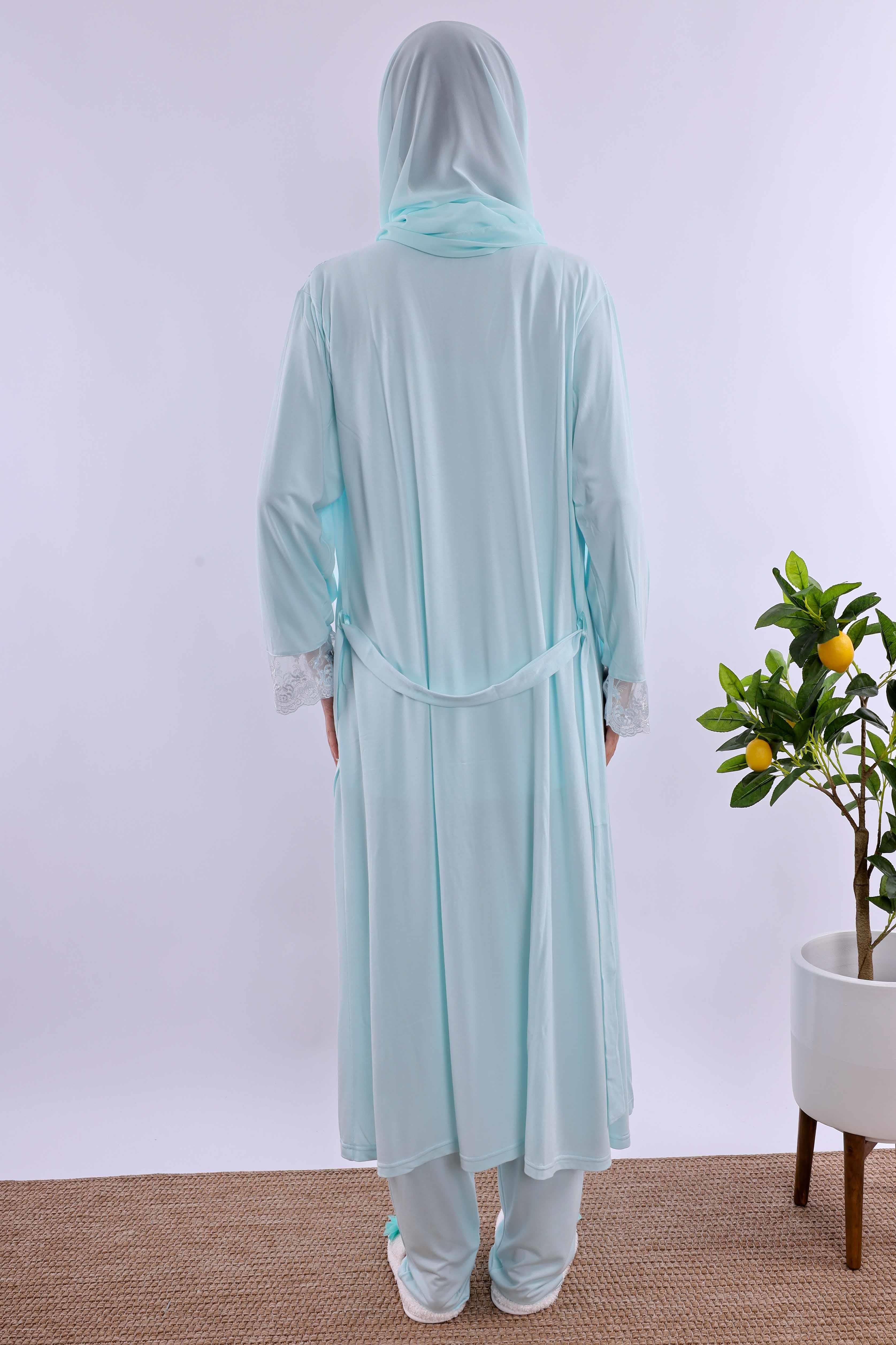 Effortt Turkuaz Tesettürlü Uzun Sabahlıklı Hamile Lohusa Pijama Takımı BYL2T24072