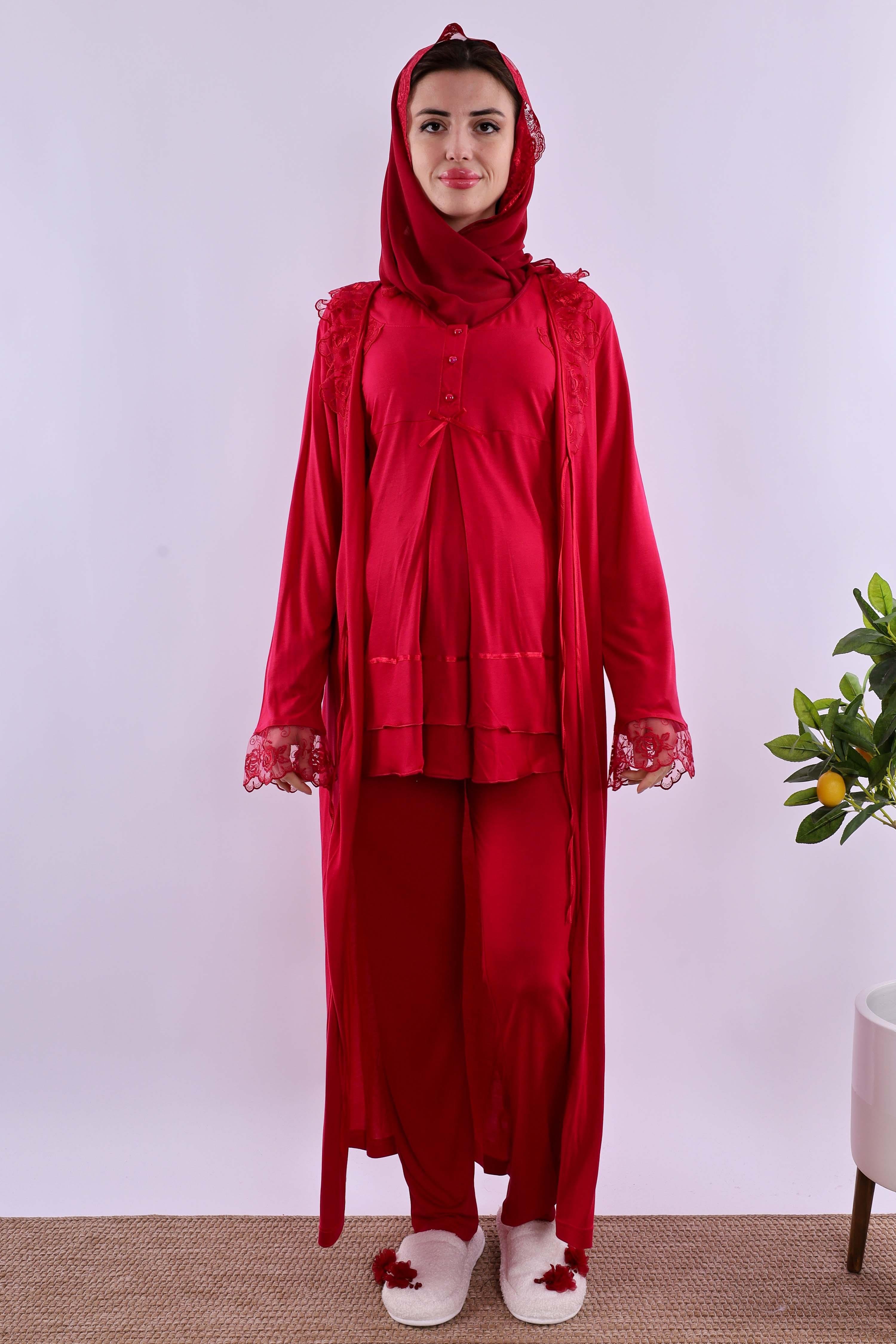 Effortt Vişne Tesettürlü Sabahlıklı Hamile Lohusa Pijama Takımı BYL2T80242