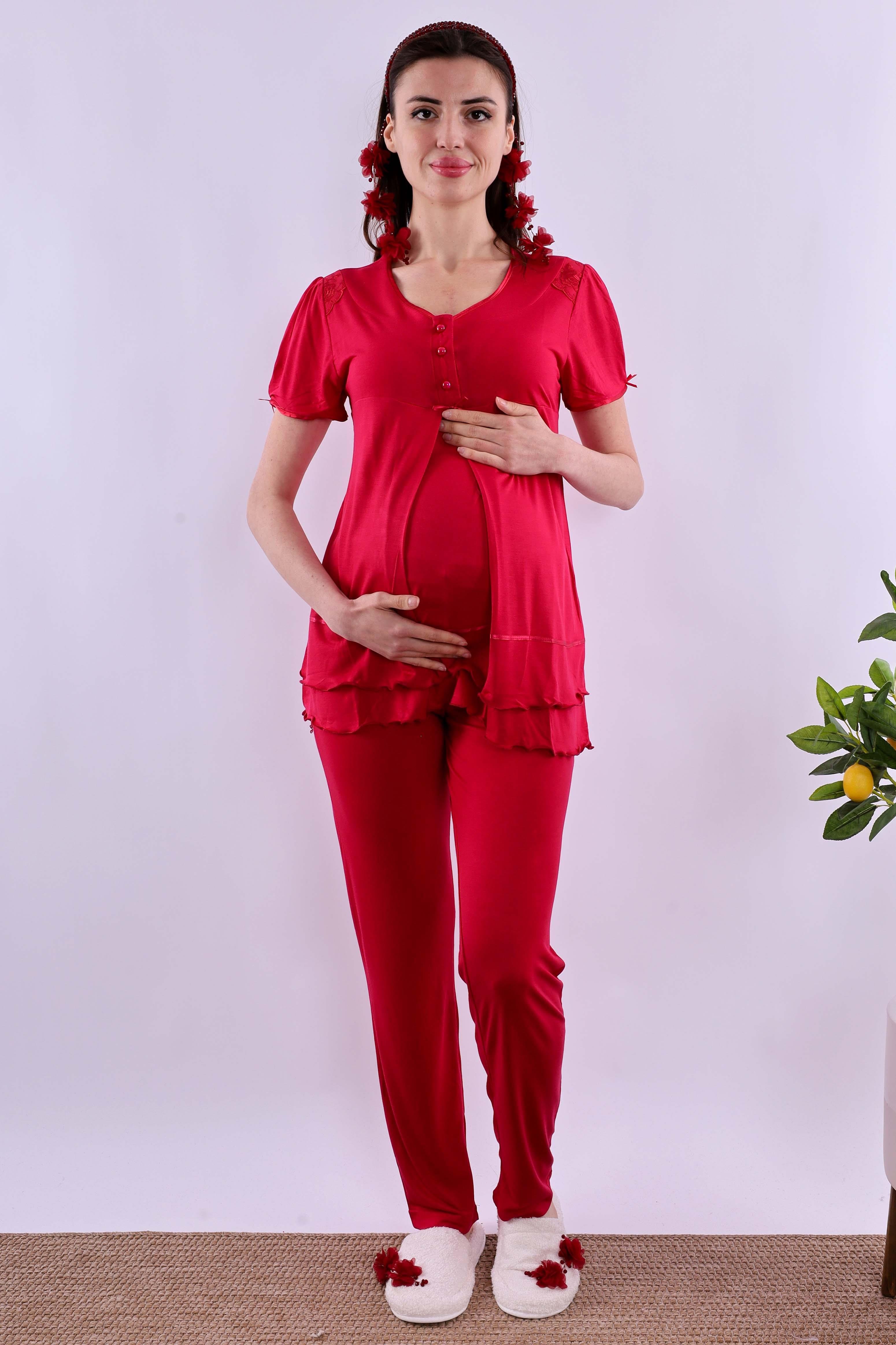 Effortt Vişne Tesettürlü Sabahlıklı Hamile Lohusa Pijama Takımı BYL2T80242
