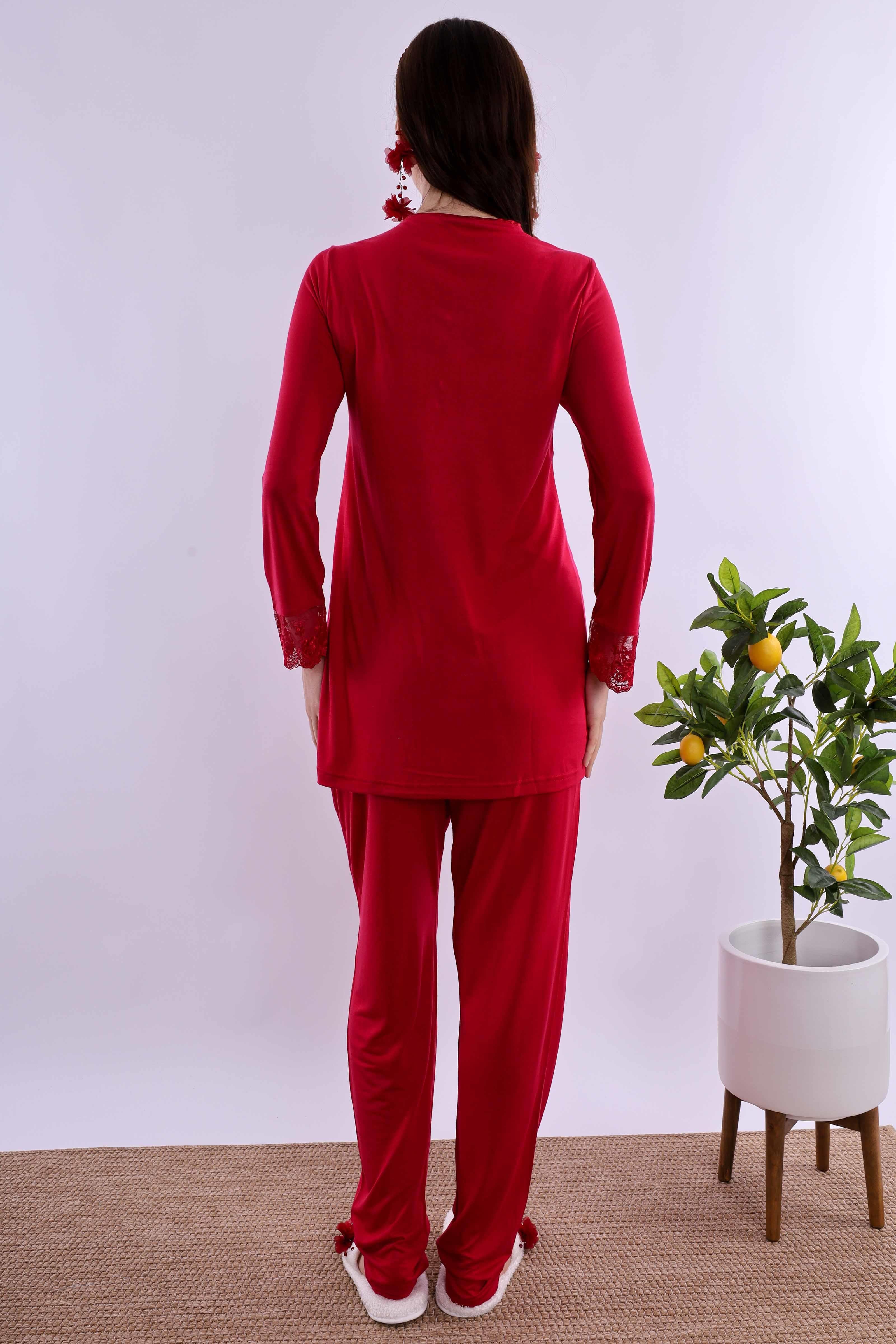 Effortt Vişne Tesettürlü Sabahlıklı Hamile Lohusa Pijama Takımı BYL2T24012