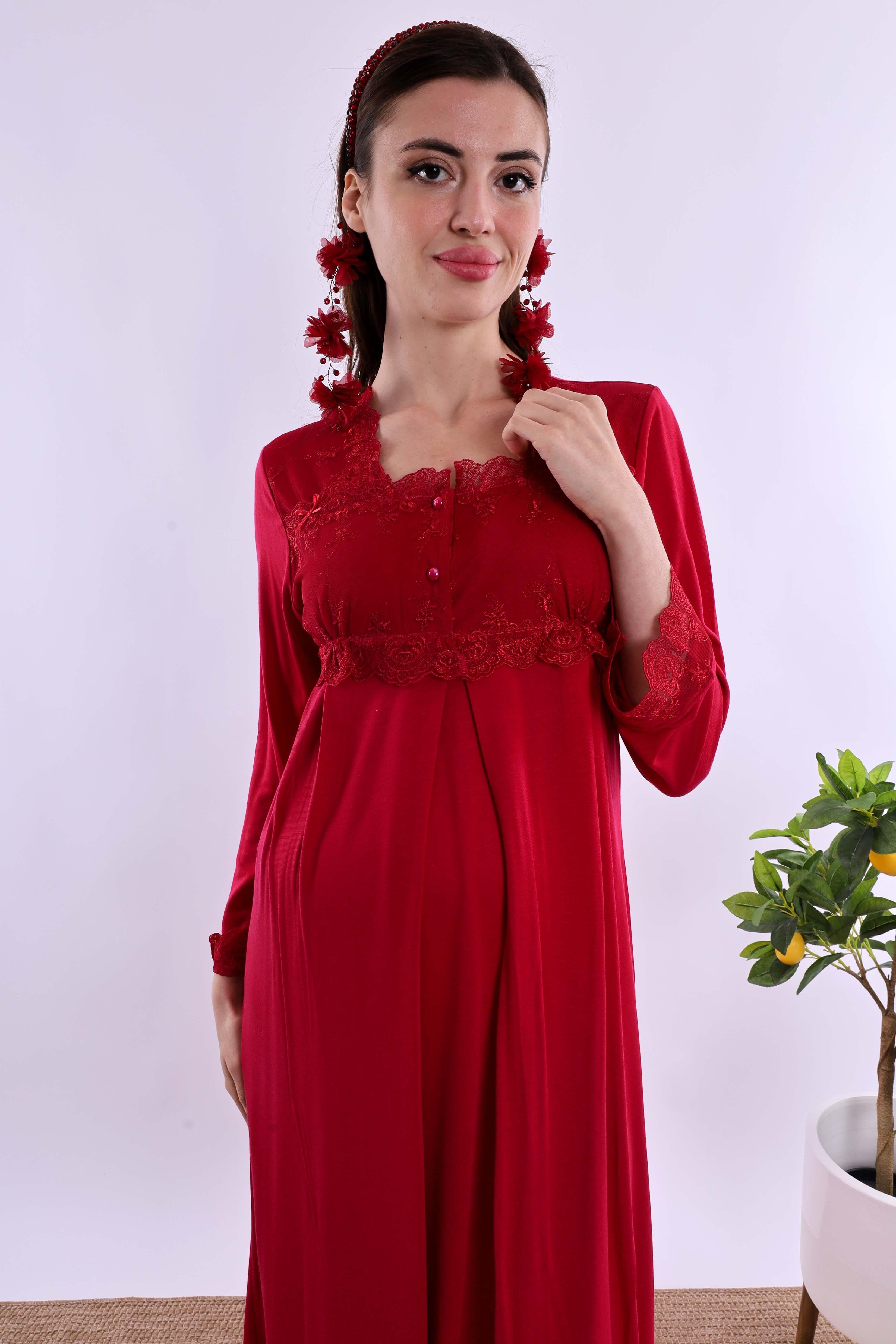 Effortt Vişne Tesettürlü Sabahlıklı Hamile Lohusa Gecelik Takım BYL2T24022