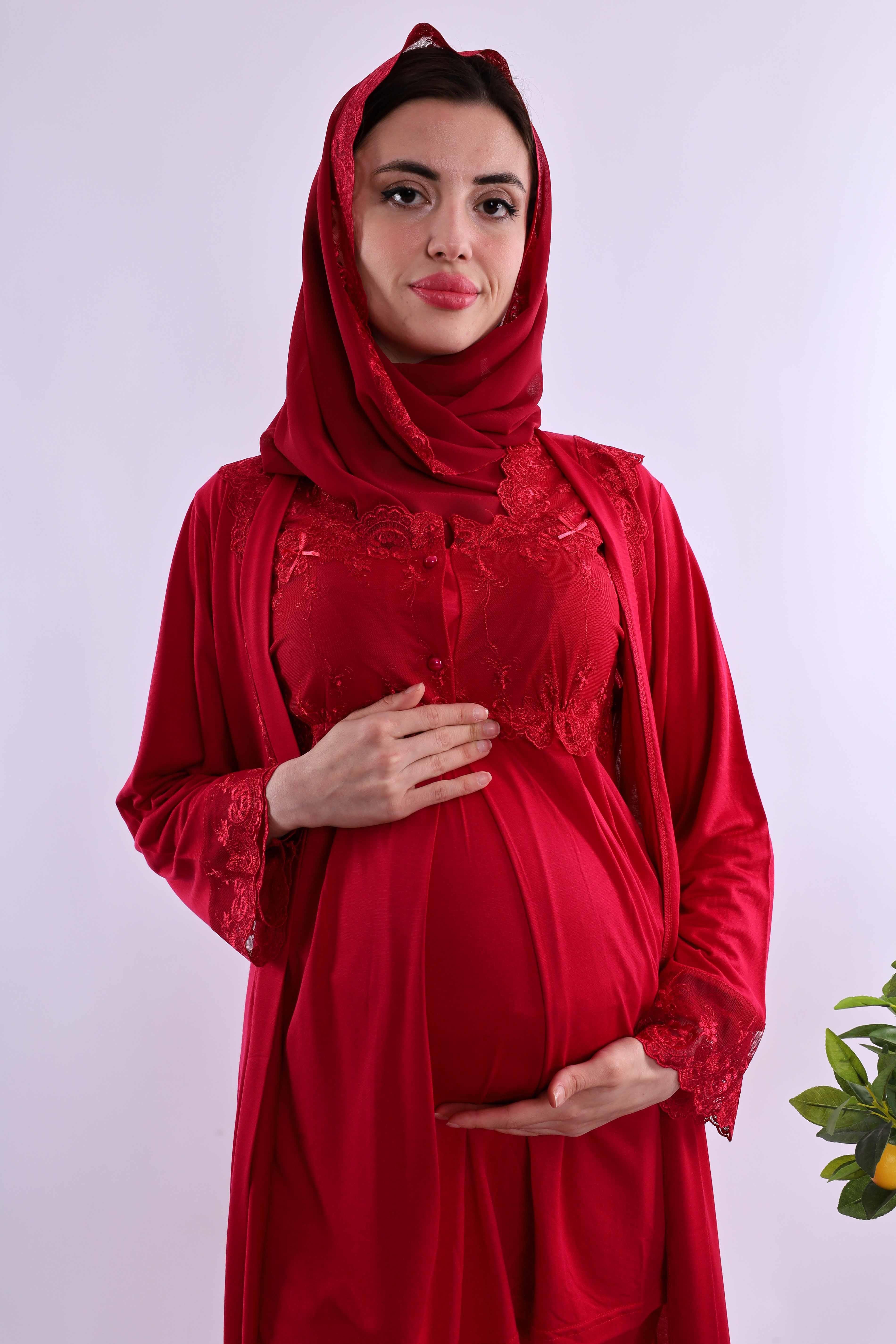 Effortt Vişne Tesettürlü Sabahlıklı Hamile Lohusa Pijama Takımı BYL2T24012