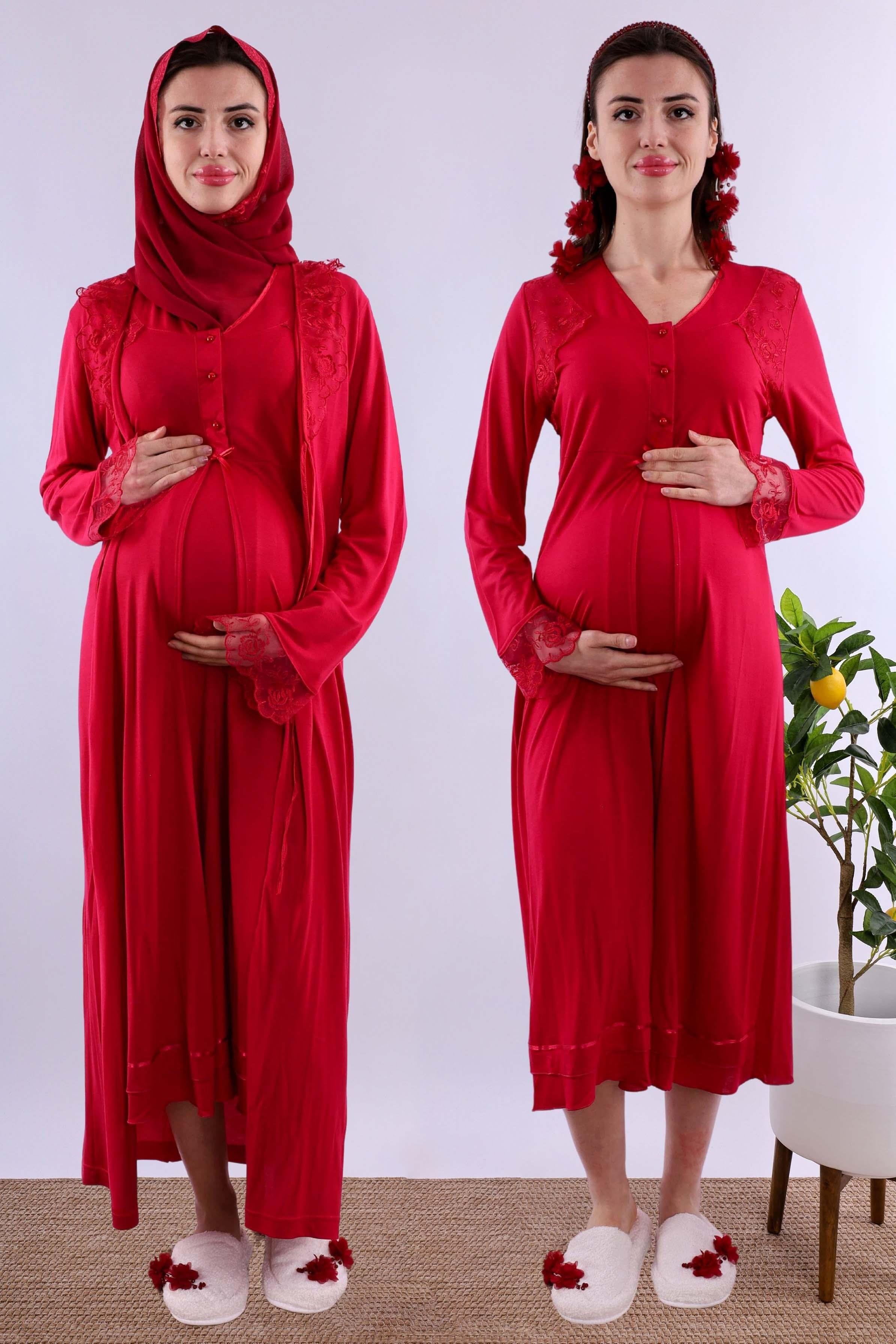 Effortt Vişne Tesettürlü Sabahlıklı Hamile Lohusa Gecelik Takım BYL2T24252