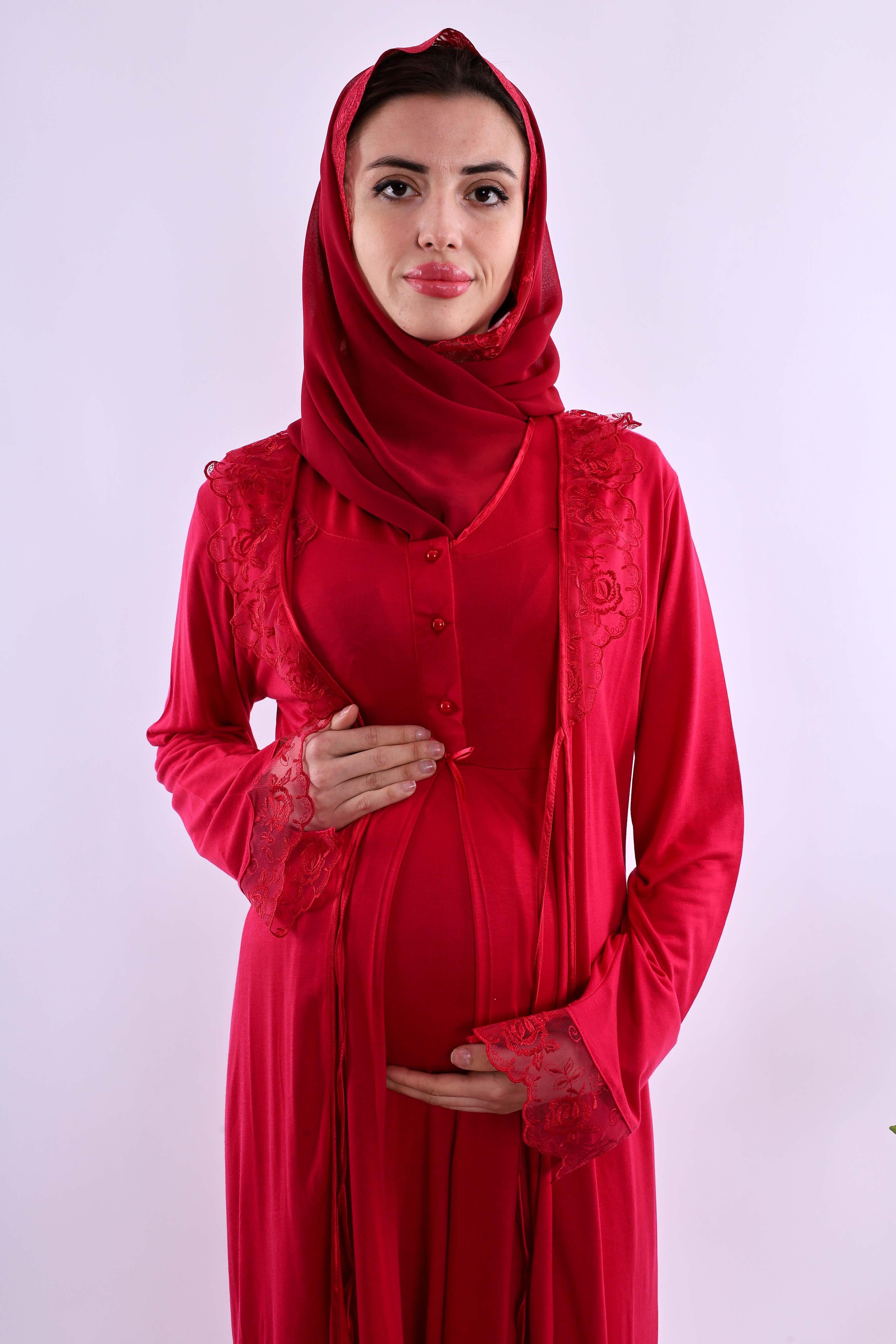 Effortt Vişne Tesettürlü Sabahlıklı Hamile Lohusa Gecelik Takım BYL2T24252