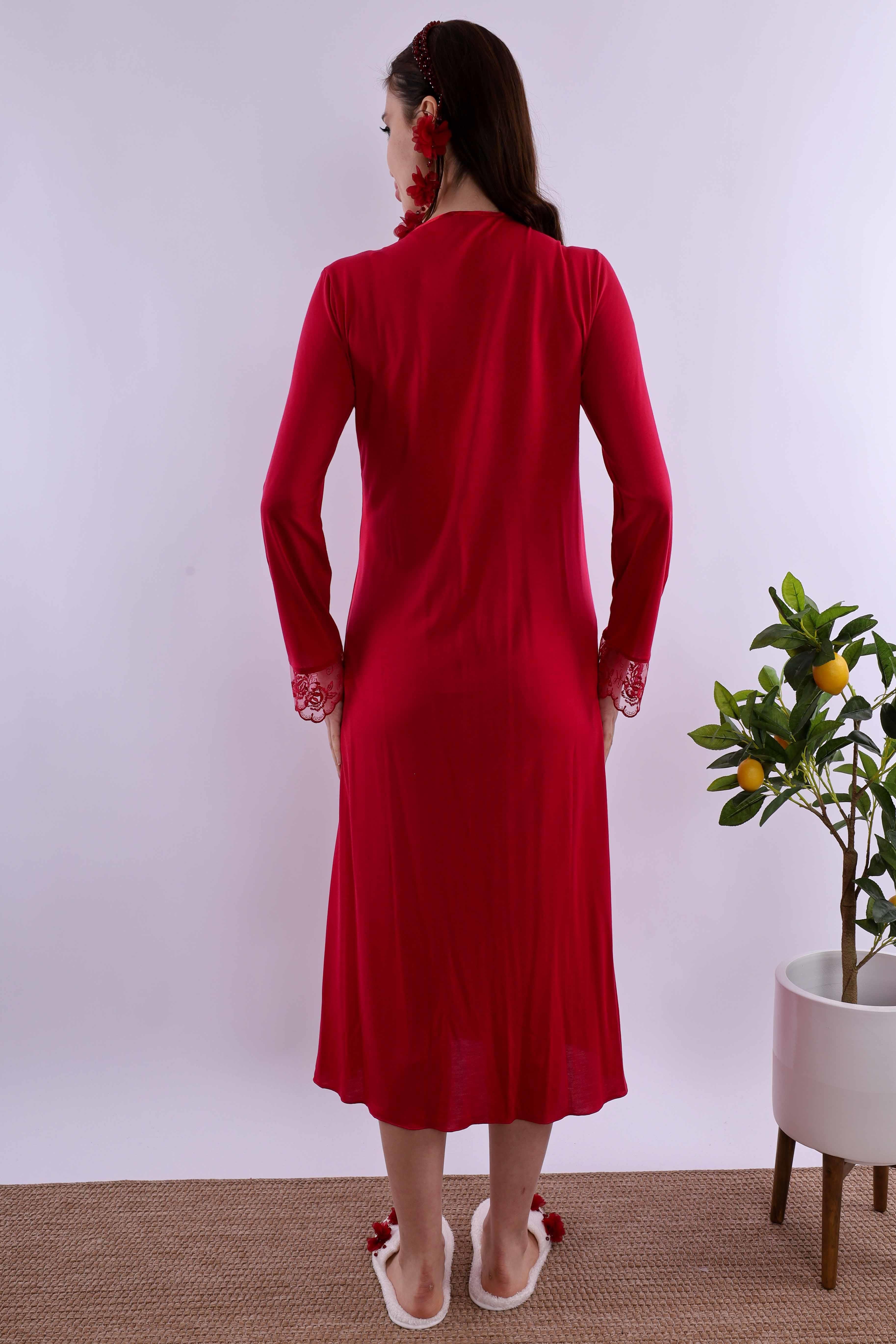 Effortt Vişne Tesettürlü Sabahlıklı Hamile Lohusa Gecelik Takım BYL2T24252