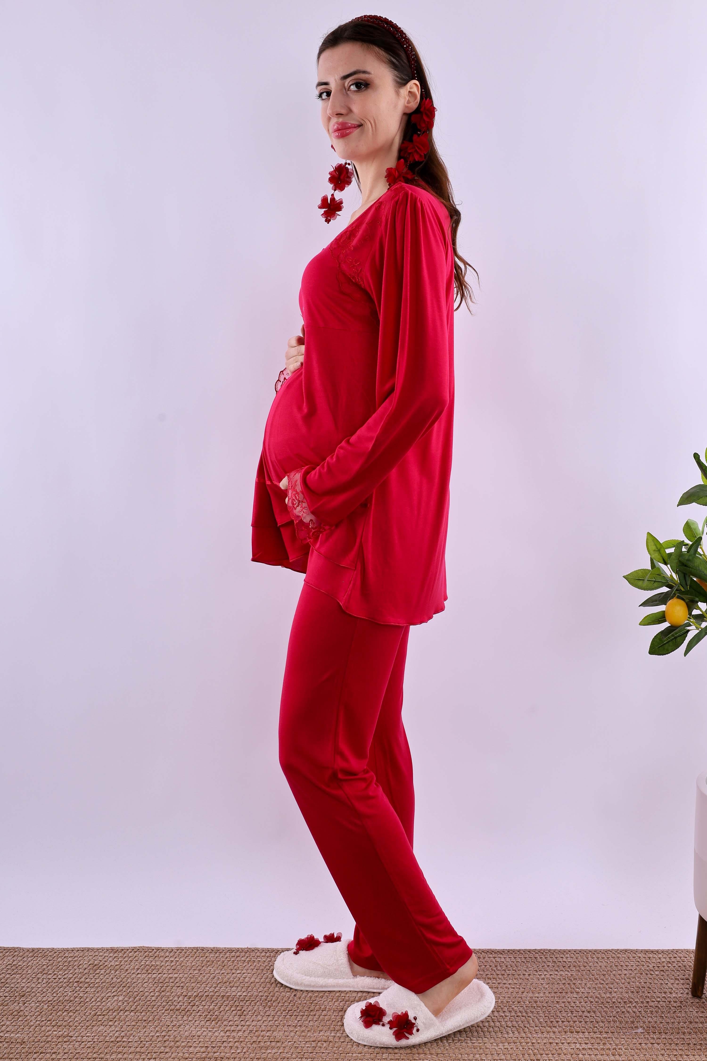 Effortt Vişne Tesettürlü Sabahlıklı Hamile Lohusa Pijama Takımı BYL2T24242