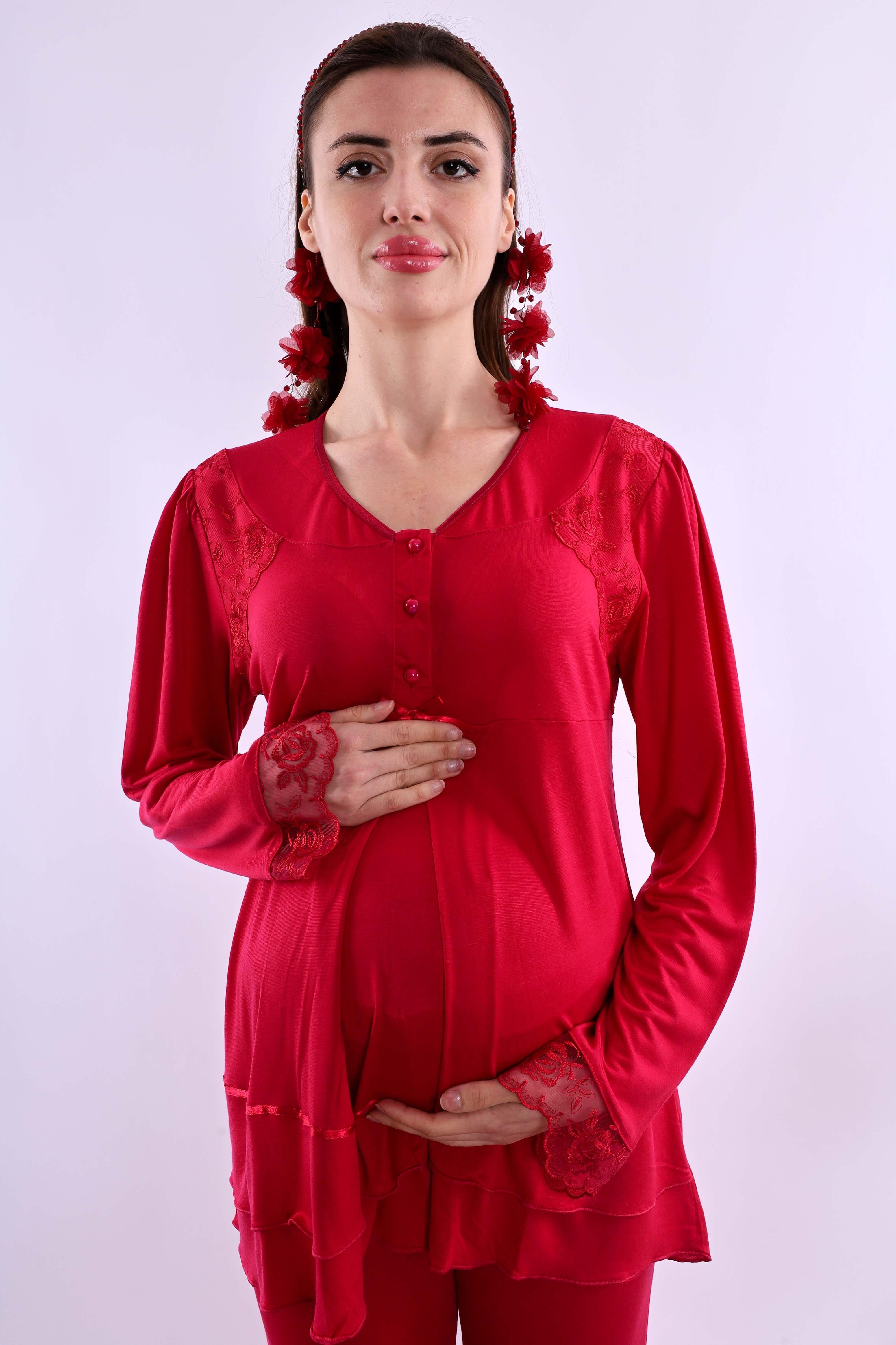 Effortt Vişne Tesettürlü Sabahlıklı Hamile Lohusa Pijama Takımı BYL2T24242