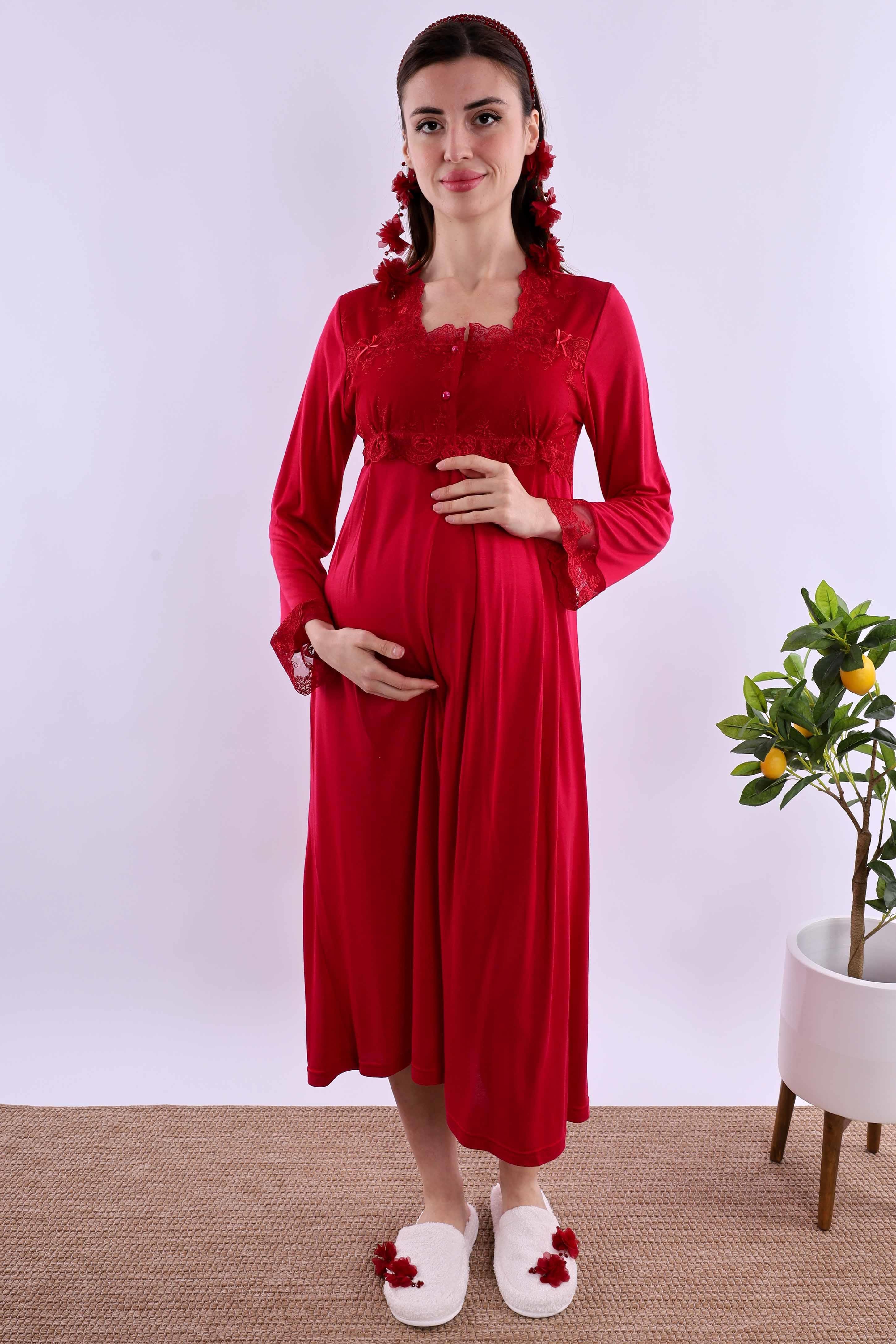 Effortt Vişne Tesettürlü Sabahlıklı Hamile Lohusa Gecelik Takım BYL2T24022