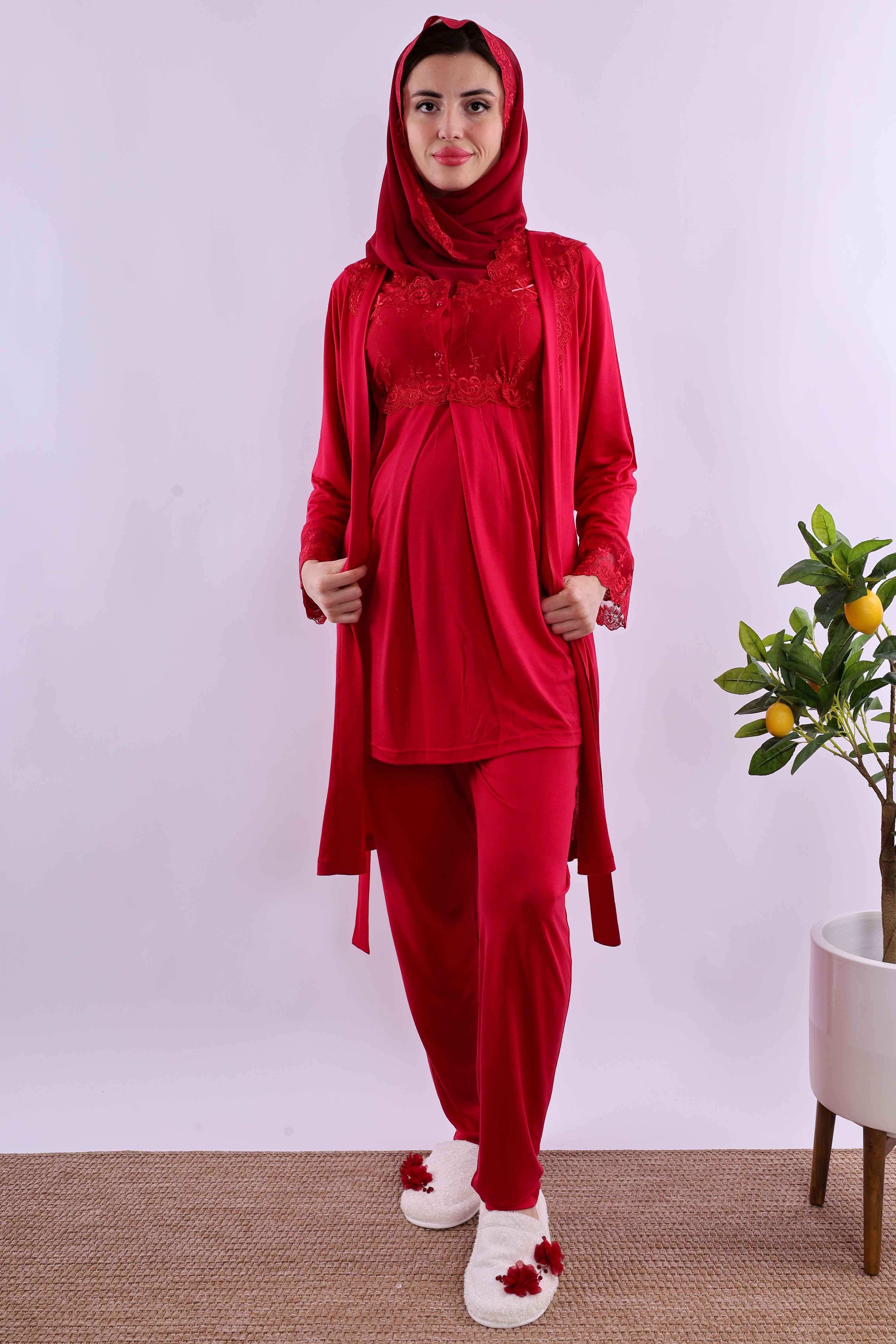 Effortt Vişne Tesettürlü Sabahlıklı Hamile Lohusa Pijama Takımı BYL2T24012