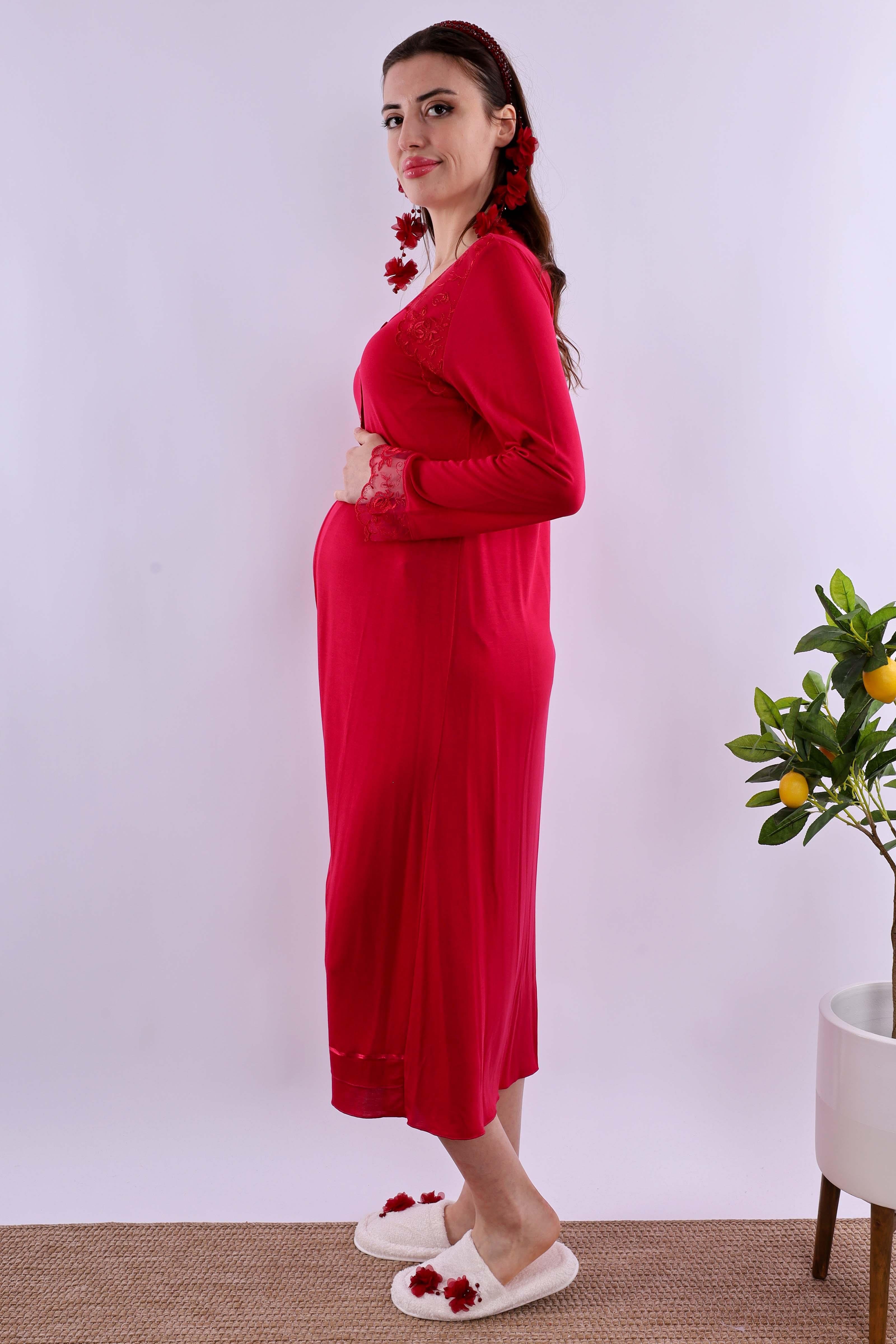 Effortt Vişne Tesettürlü Sabahlıklı Hamile Lohusa Gecelik Takım BYL2T24252