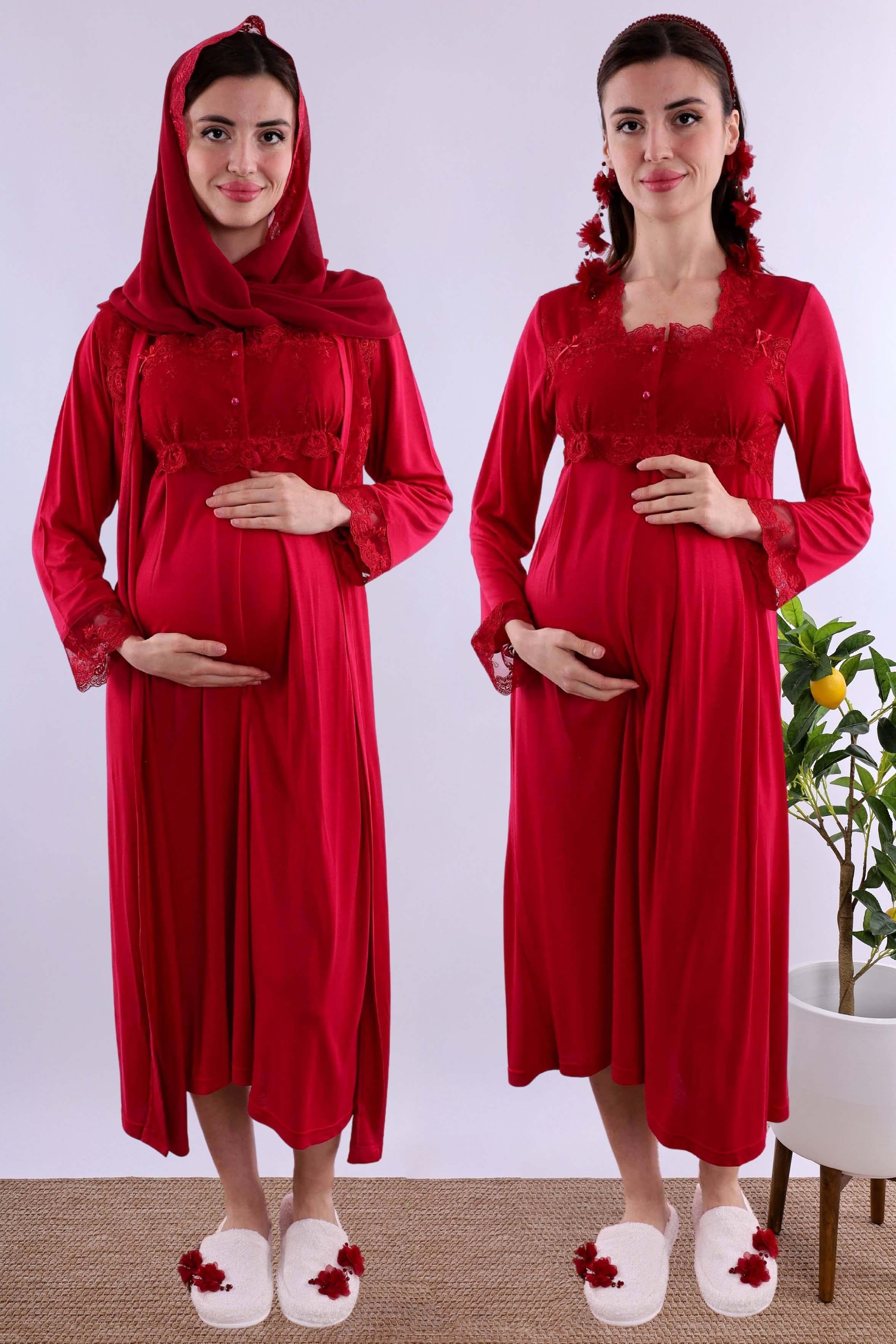 Effortt Vişne Tesettürlü Sabahlıklı Hamile Lohusa Gecelik Takım BYL2T24022