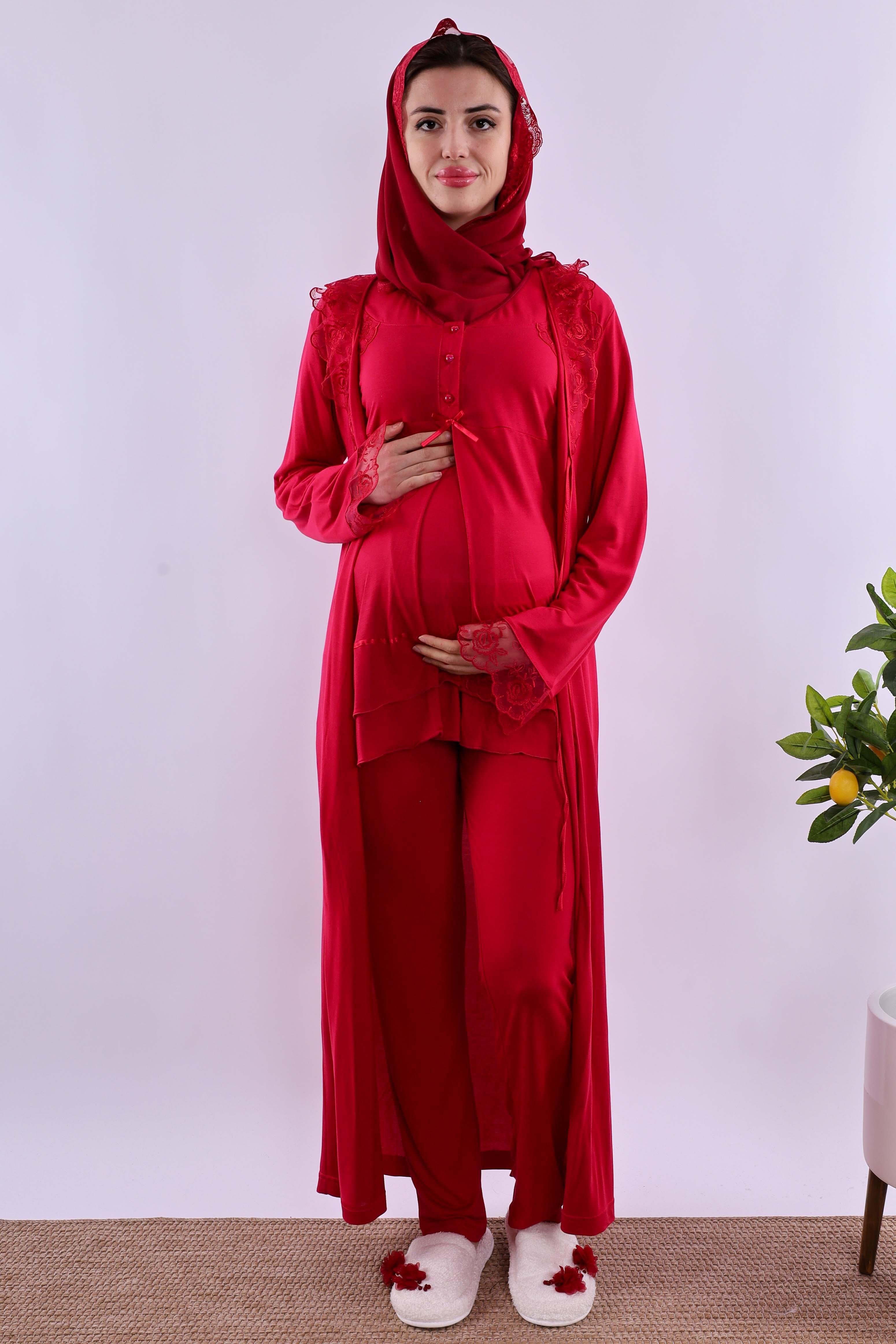 Effortt Vişne Tesettürlü Sabahlıklı Hamile Lohusa Pijama Takımı BYL2T24242