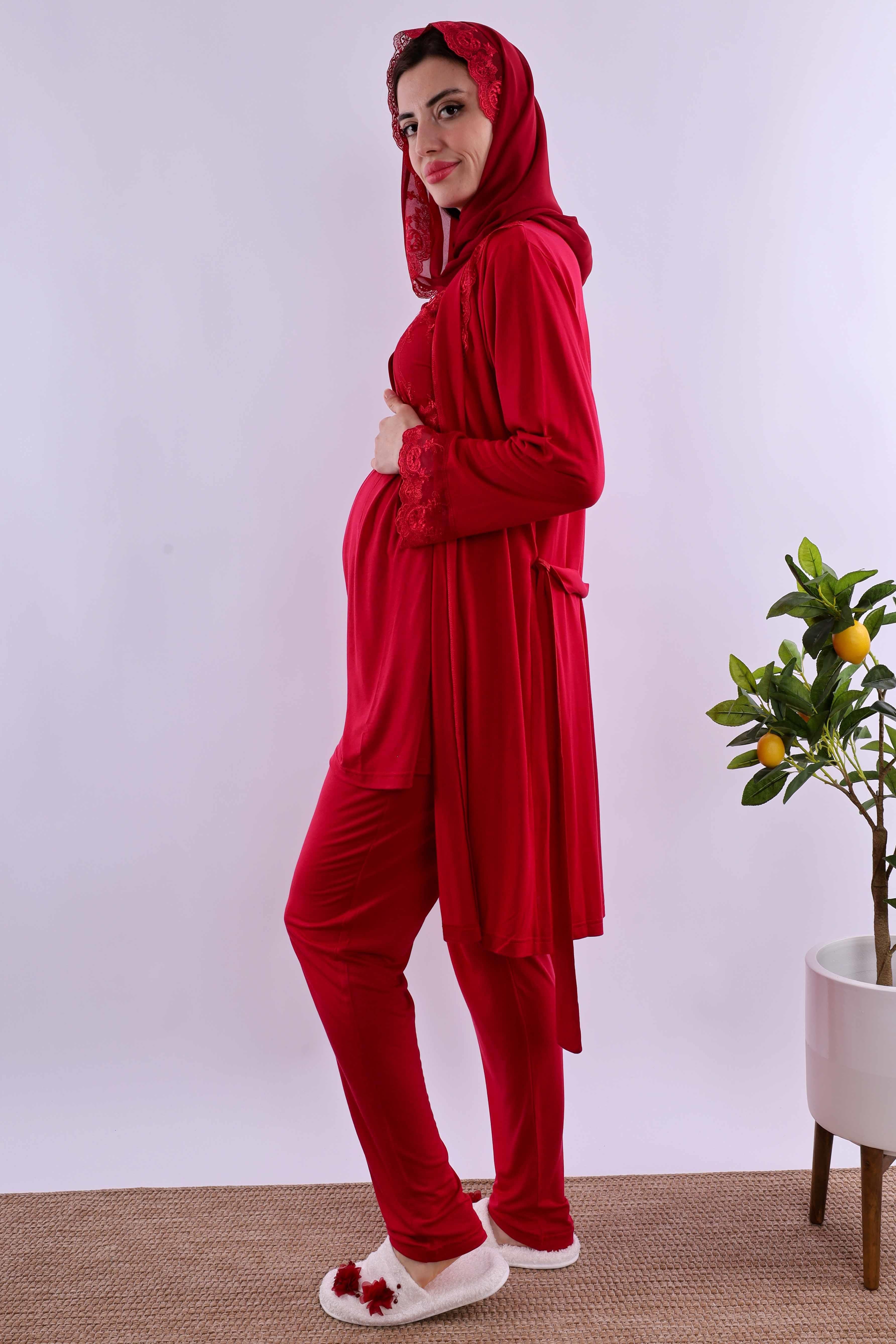 Effortt Vişne Tesettürlü Sabahlıklı Hamile Lohusa Pijama Takımı BYL2T24012