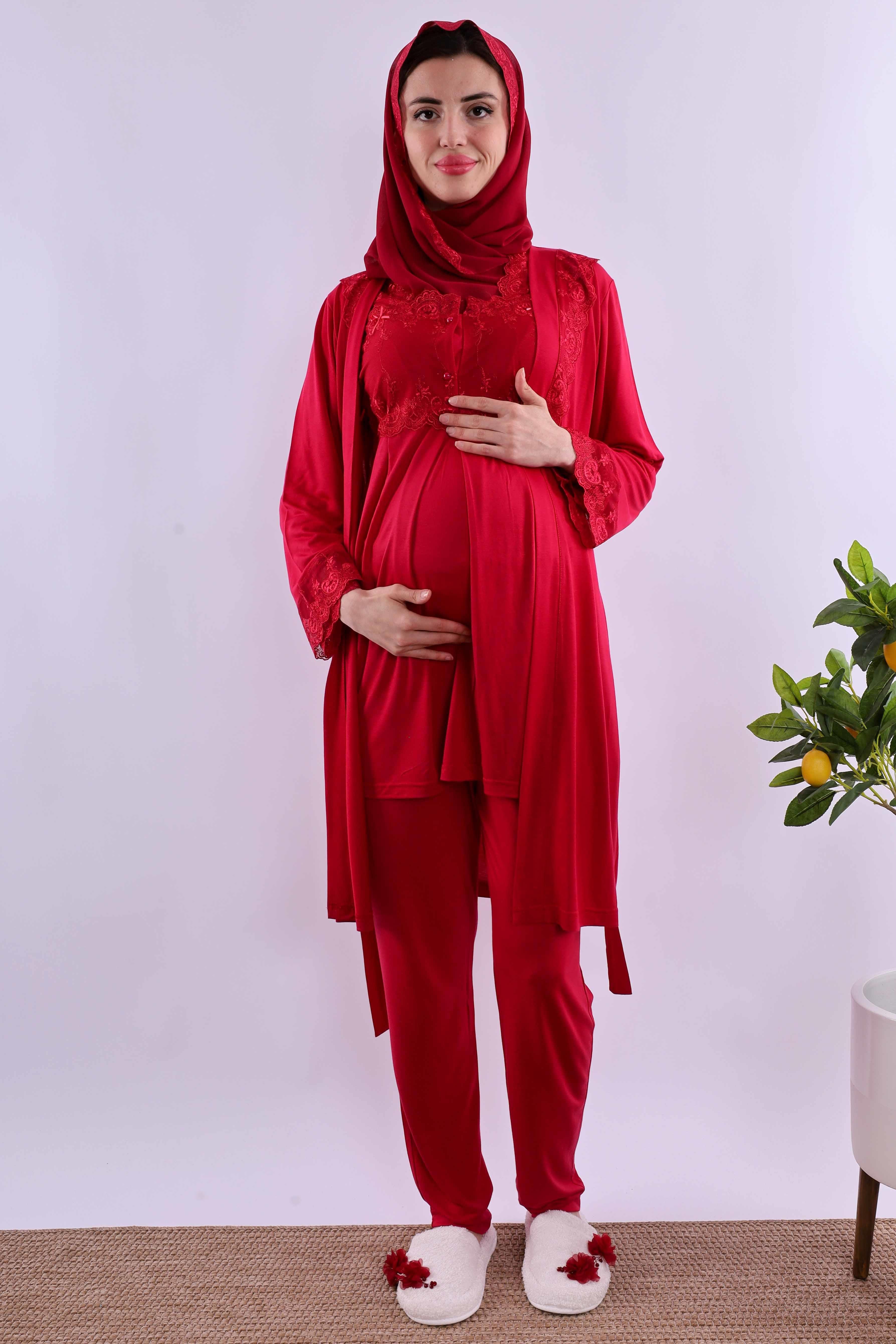 Effortt Vişne Tesettürlü Sabahlıklı Hamile Lohusa Pijama Takımı BYL2T24012