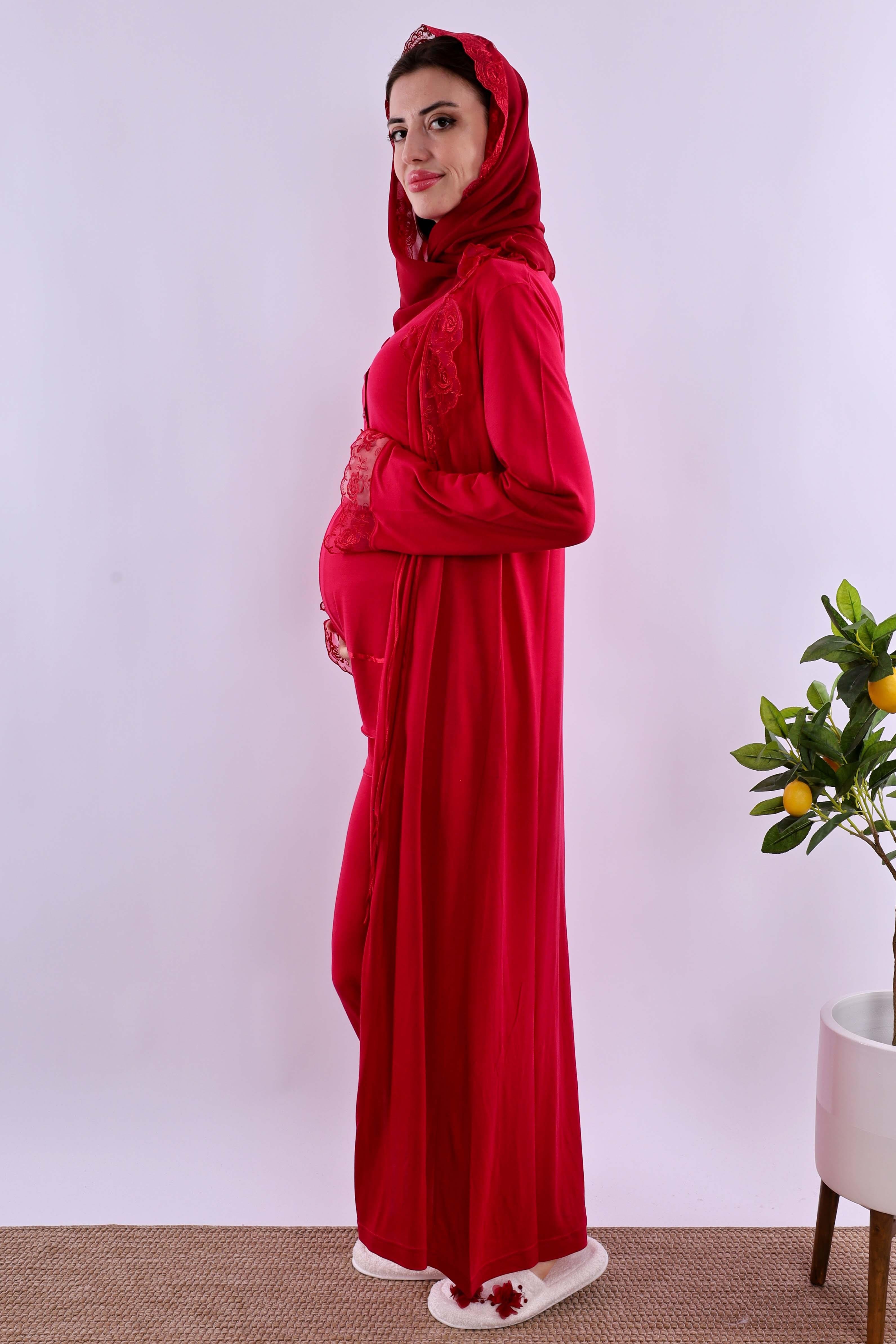 Effortt Vişne Tesettürlü Sabahlıklı Hamile Lohusa Pijama Takımı BYL2T24242