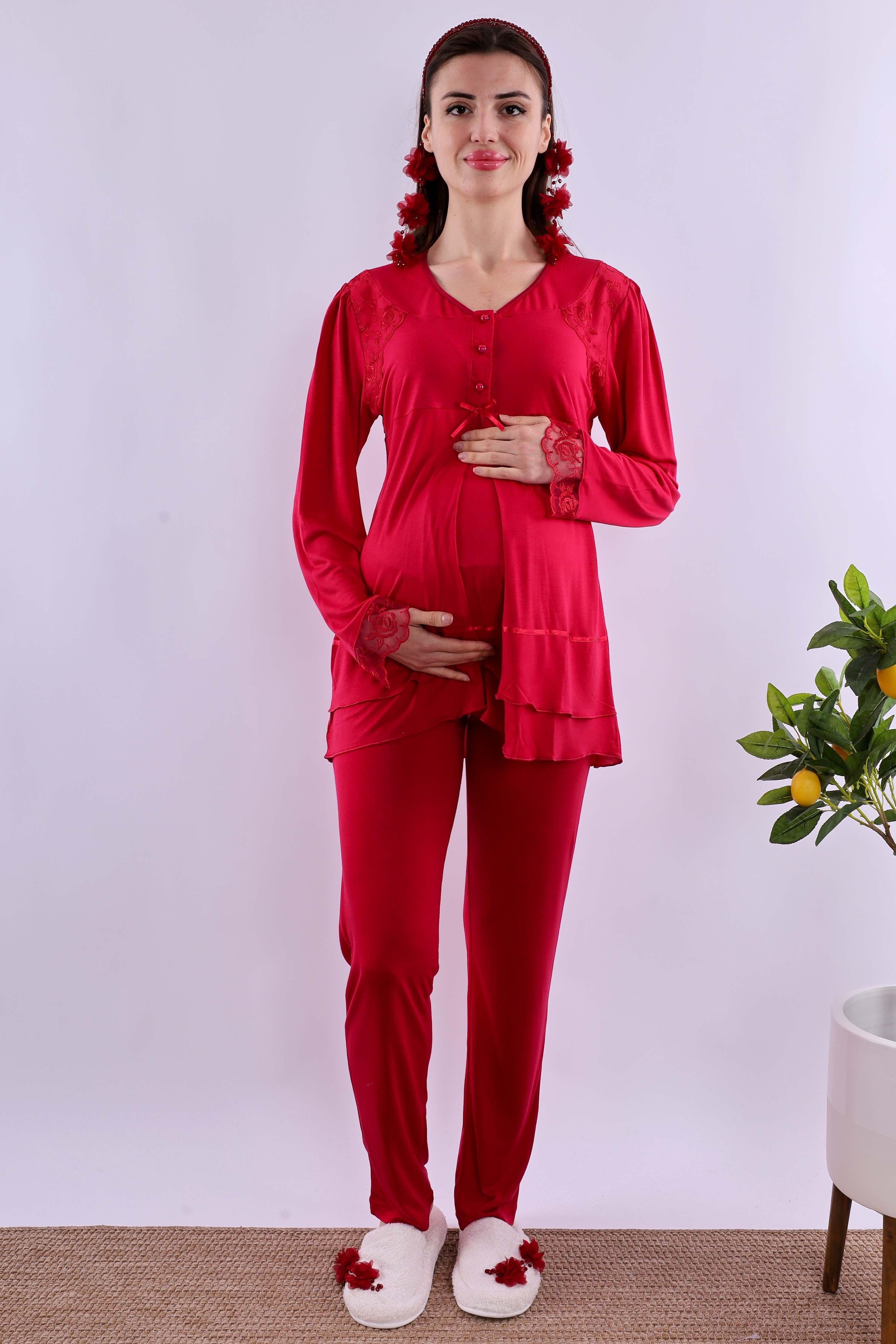 Effortt Vişne Tesettürlü Sabahlıklı Hamile Lohusa Pijama Takımı BYL2T24242