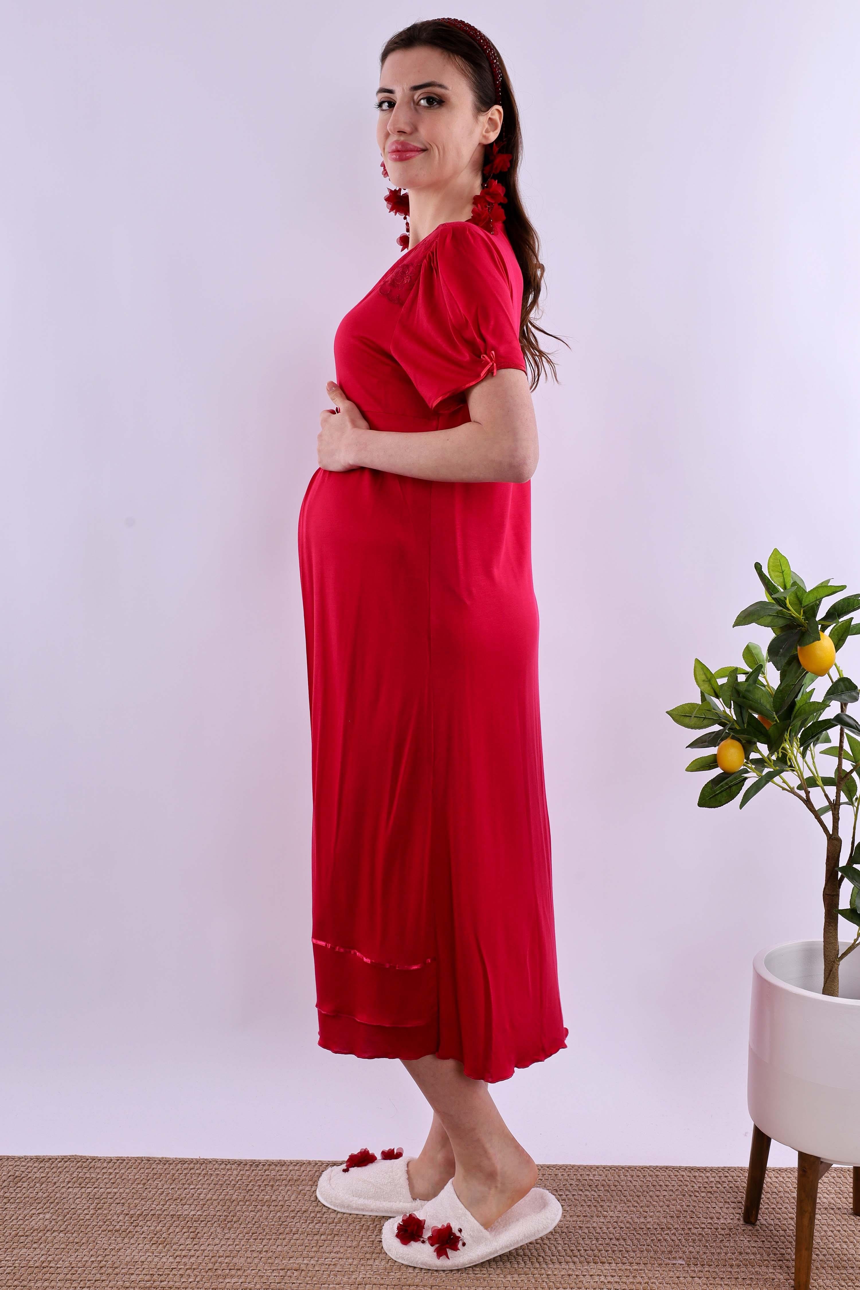 Effortt Vişne Tesettürlü Sabahlıklı Hamile Lohusa Gecelik Takım BYL2T80252