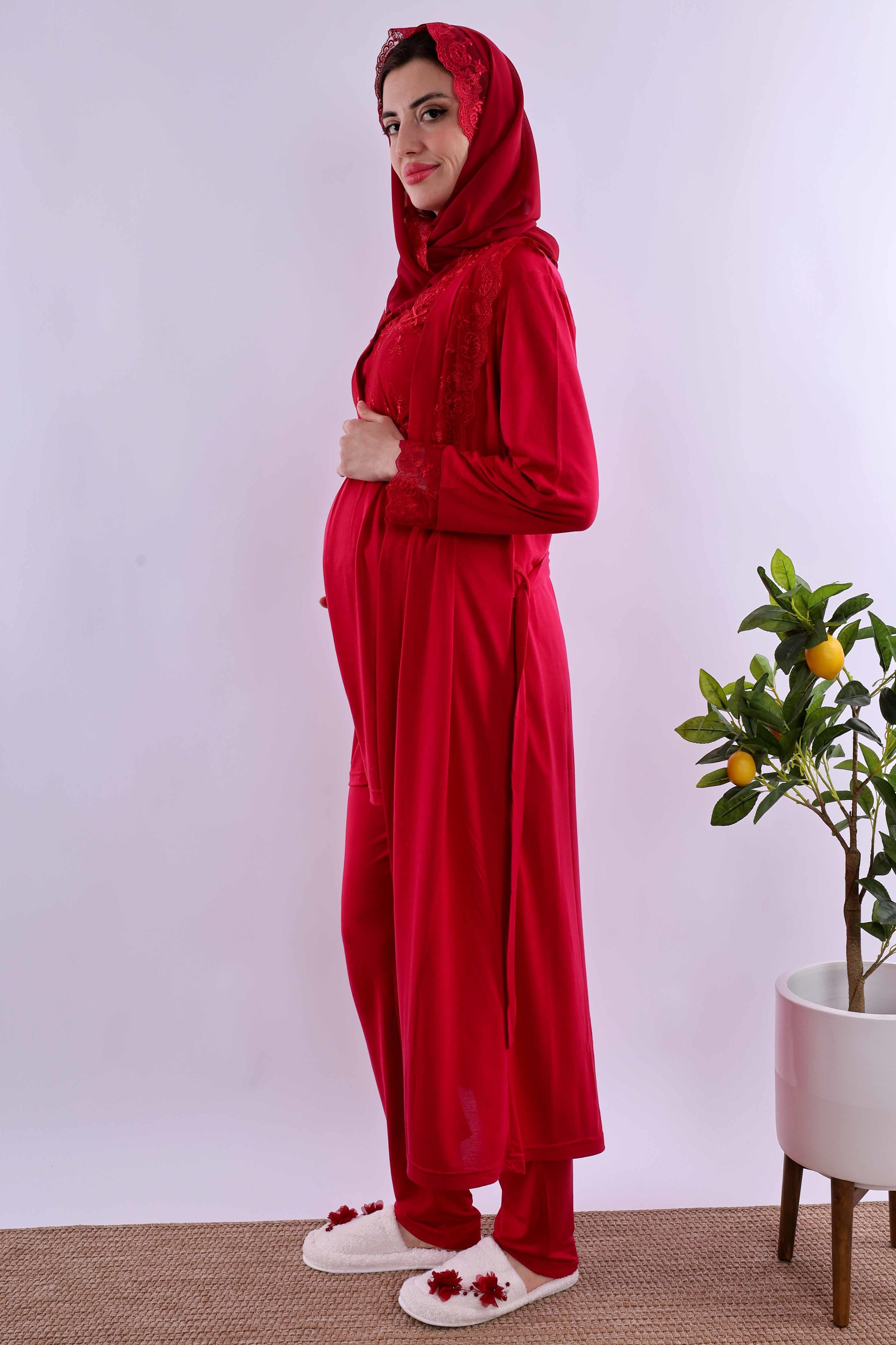Effortt Vişne Tesettürlü Uzun Sabahlıklı Hamile Lohusa Pijama Takımı BYL2T24072