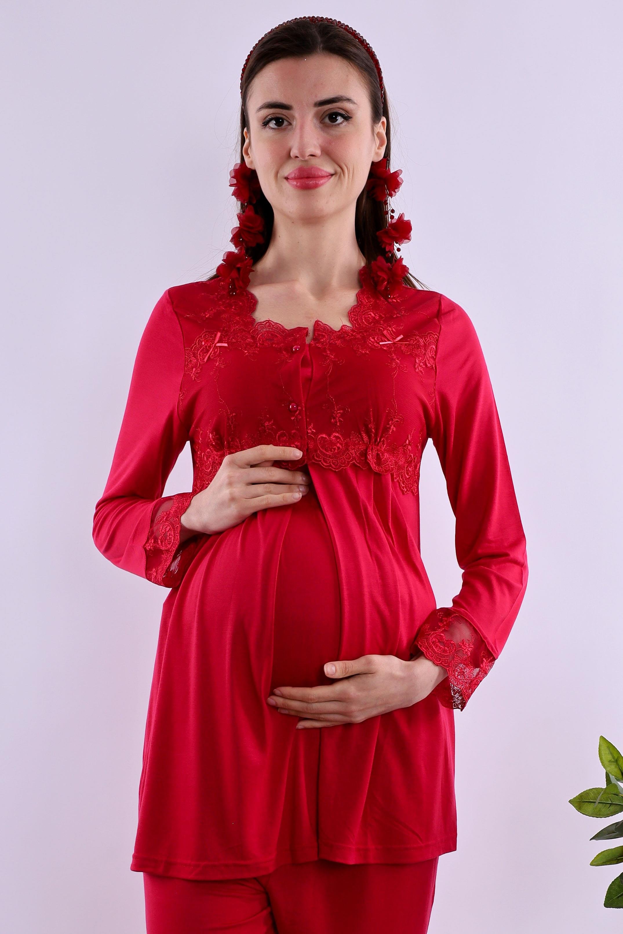 Effortt Vişne Tesettürlü Uzun Sabahlıklı Hamile Lohusa Pijama Takımı BYL2T24072