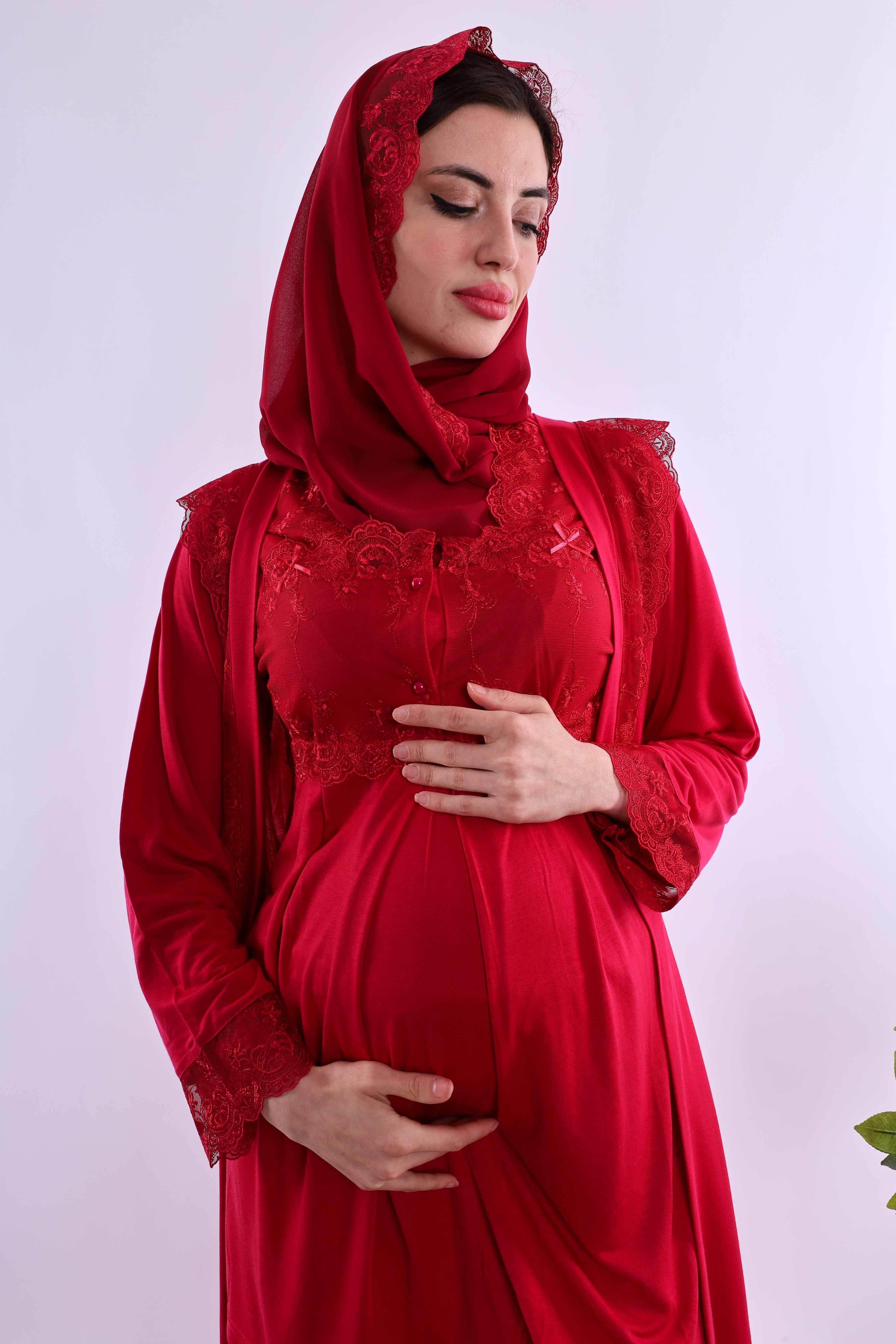 Effortt Vişne Tesettürlü Uzun Sabahlıklı Hamile Lohusa Pijama Takımı BYL2T24072