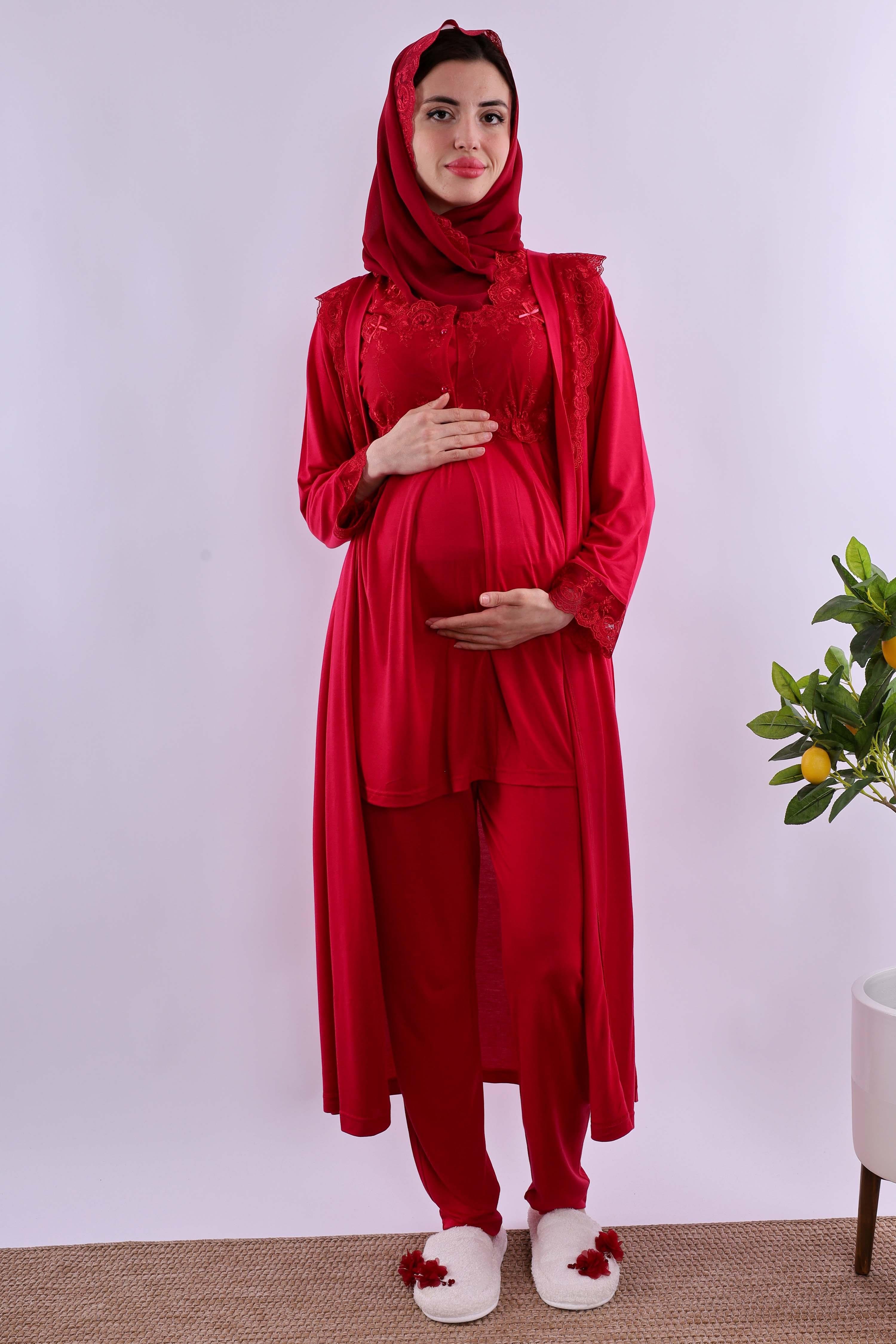 Effortt Vişne Tesettürlü Uzun Sabahlıklı Hamile Lohusa Pijama Takımı BYL2T24072